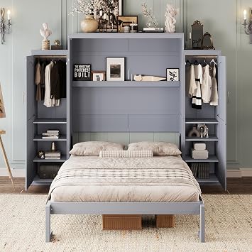 Queen Size Murphy Bed with 2 Wardrobes, Multifunctional Foldable Platform Bedframe with Storage Shelves, Hidden Wall Bed for Guest Room Bedroom Home Office, Space-Saving Gray