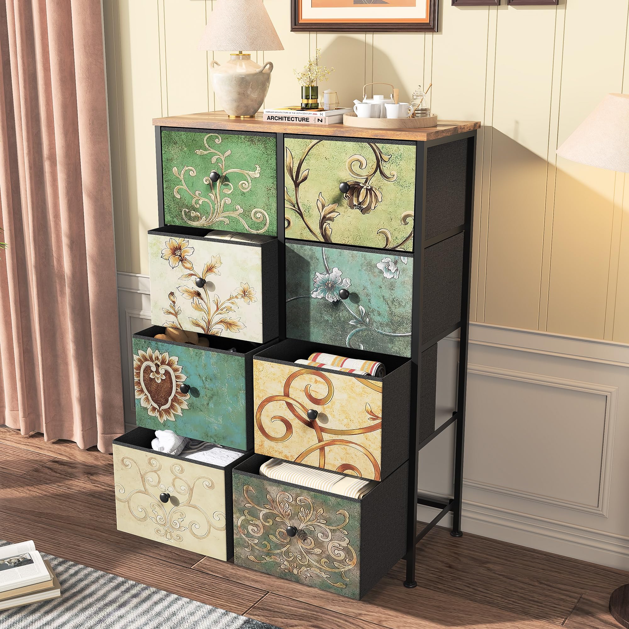 Commode à 8 Tiroirs en Tissu,Commode Chambre Adulte Armoire Tiroirs avec Plateau Bois et Cadre Métal,Meuble de Rangement pour Chambre d’Enfant, Salon et Couloir