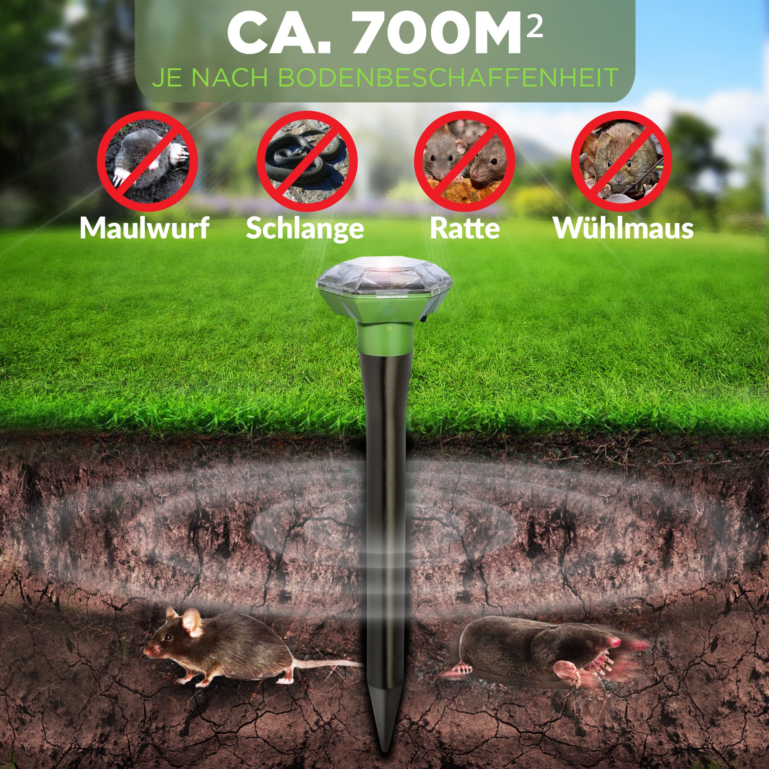 ISOTRONIC Maulwurfabwehr zum Vertreiben von Maulwürfen, Wühlmäusen & Schlangen – Solar Maulwurfschreck mit Erdspieß für den Garten – Maulwurfvertreiber 1.000m² Wirkungsbereich (3 Stück)