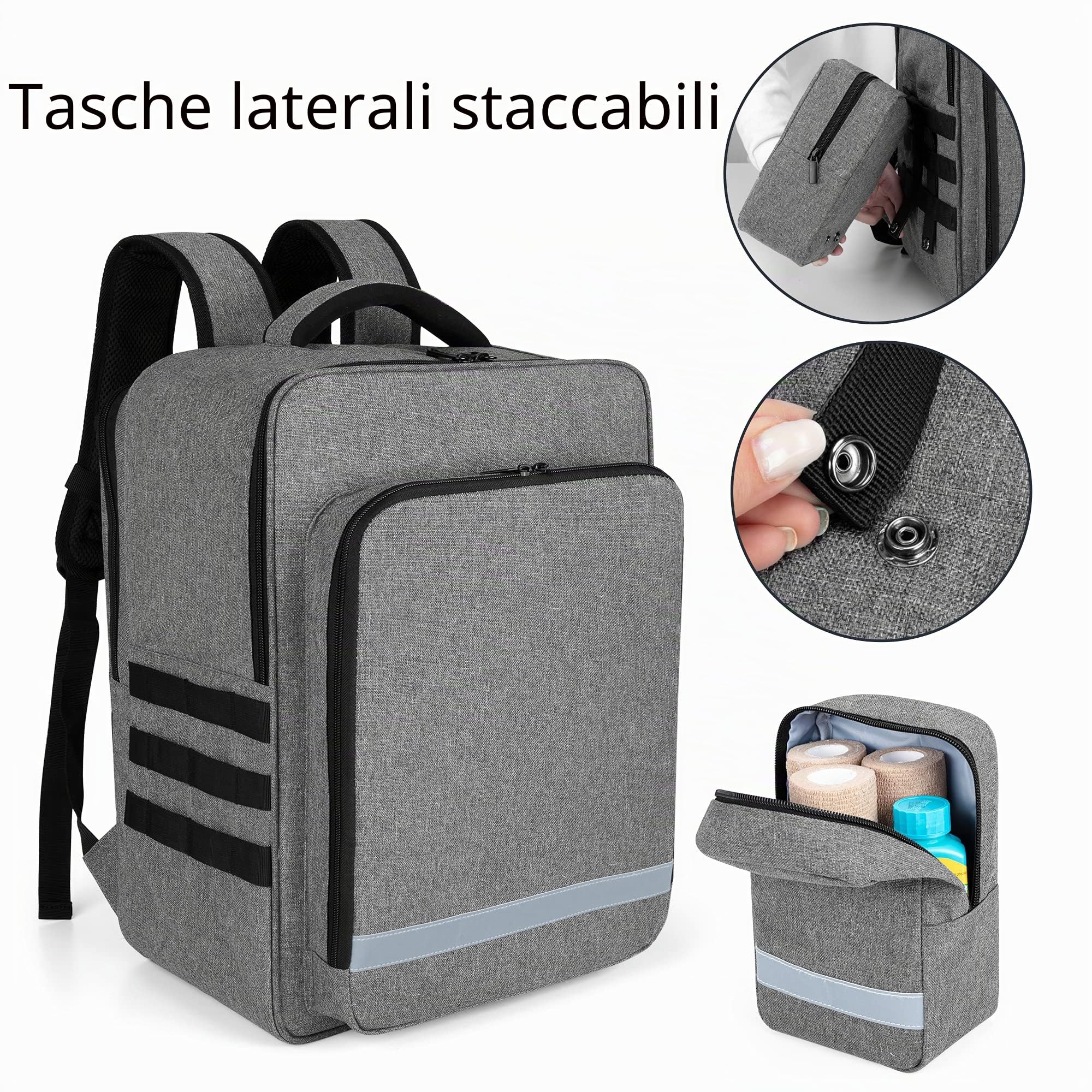 Trunab Zaino Emergenza Zaino Medico Vuota Grigio, Borsa Medica Pronto Soccorso con Tasche Laterali Staccabili e Fondo Antiscivolo, Adatto per EMT, Paramedico, Visita Domiciliare
