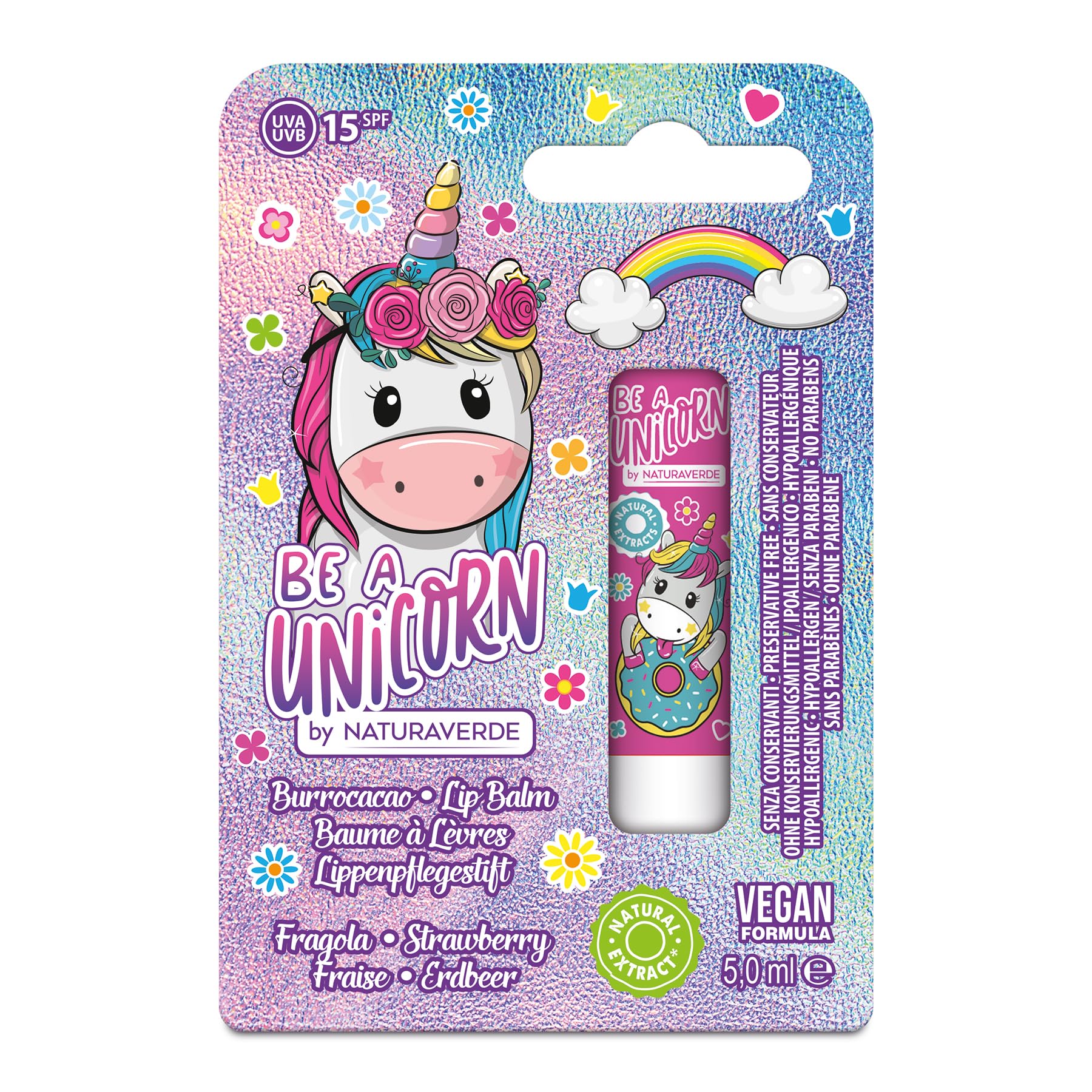 NATURAVERDE Kids -BE A UNICORN Burrocacao Fragola 5ml, Idratante e Protettivo, SPF 15, Ipoallergenico