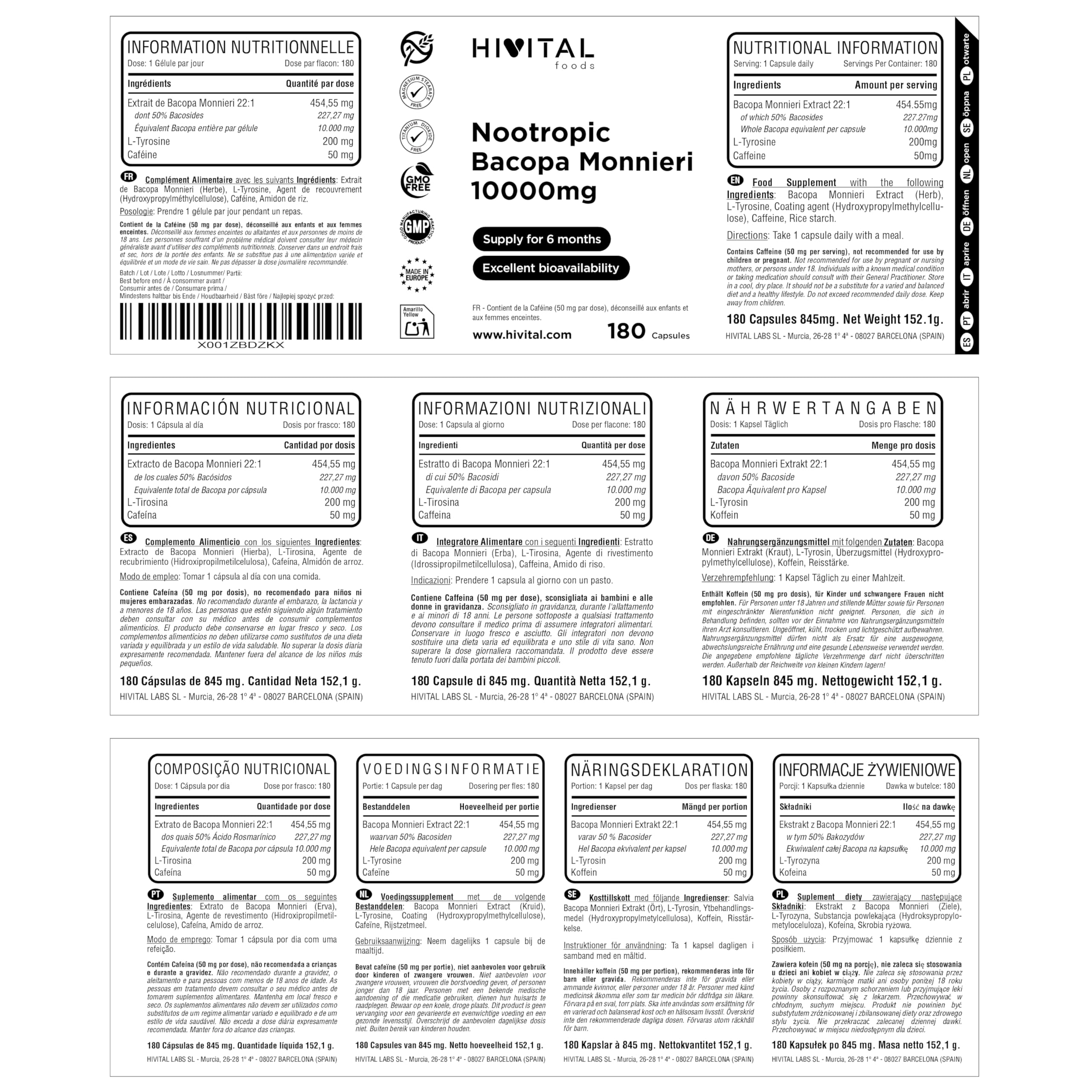 Nootropique Bacopa Monnieri 10000 mg. 180 gélules pour 6 mois de traitement. Nootropique naturel avec L-Tyrosine et Caféine. Fabriqué en Europe par HIVITAL