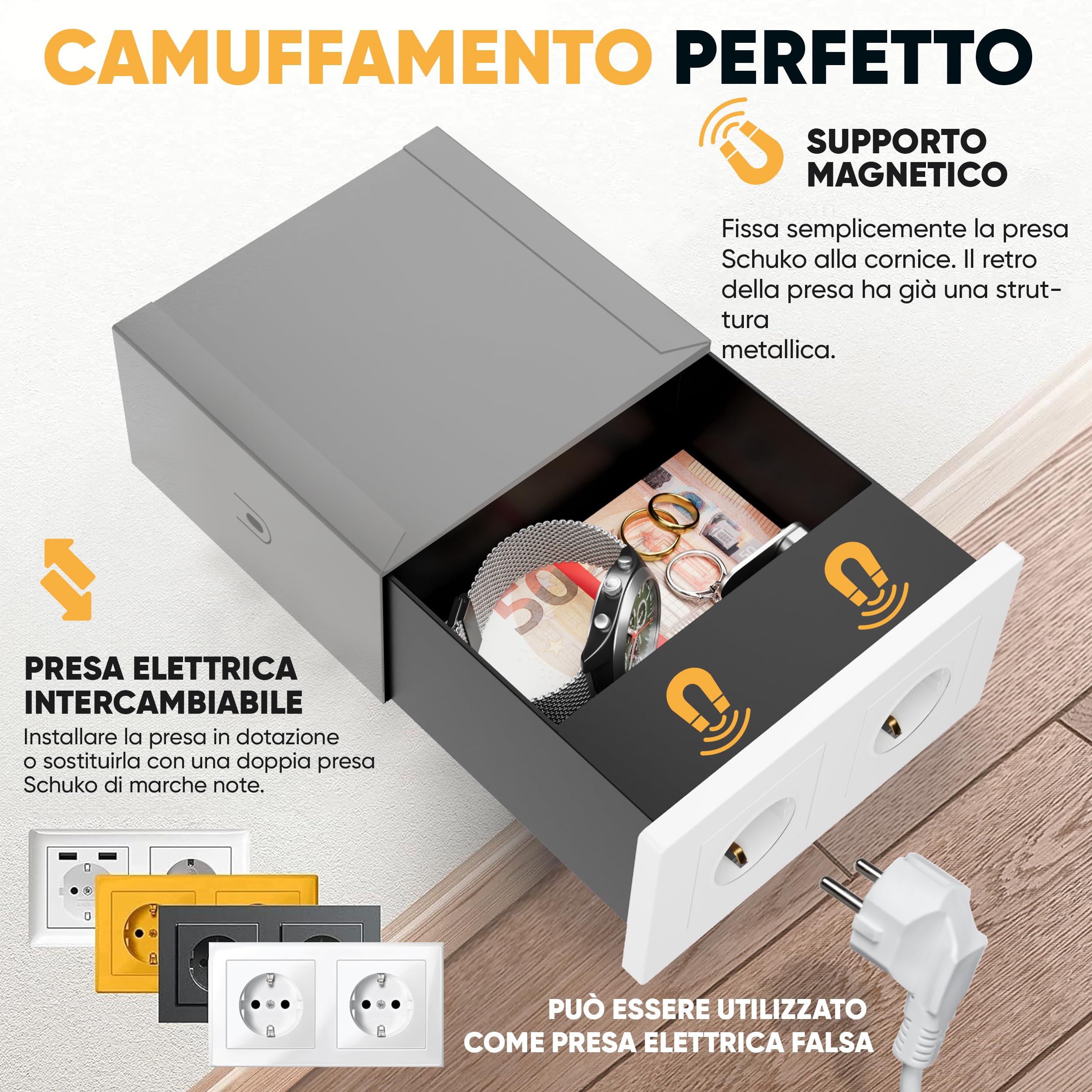 Elder Welder® Cassaforte Invisibile a Presa Elettrica | Compatibile con Qualsiasi Presa Doppia Schuko | Mini Cassaforte a Muro con Chiave | Nascondiglio per Soldi