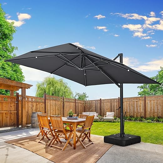 HAPPATIO 10FT Patio Cantilever Umbrella, Outdoor Rectangle Patio Umbrella, Square Hanging Offset Umbrella with 360 Rotation and Cross Base for Backyard(Gray)