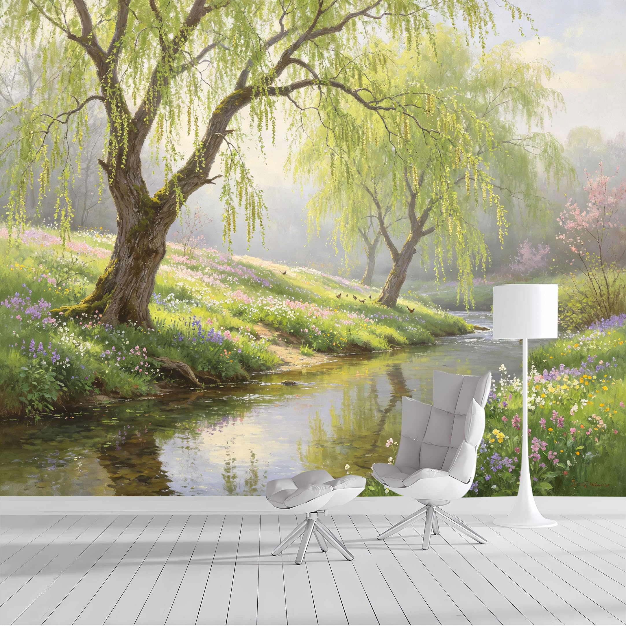 Custom Size Wall Mural Pastoral Landscape Spring Meadow Stream Watercolor Wallpaper SelfAdhesive Wall Fabric Removable Peel and Stick Wallpaper Wall Decor for Living Room Bedroom Bathroom