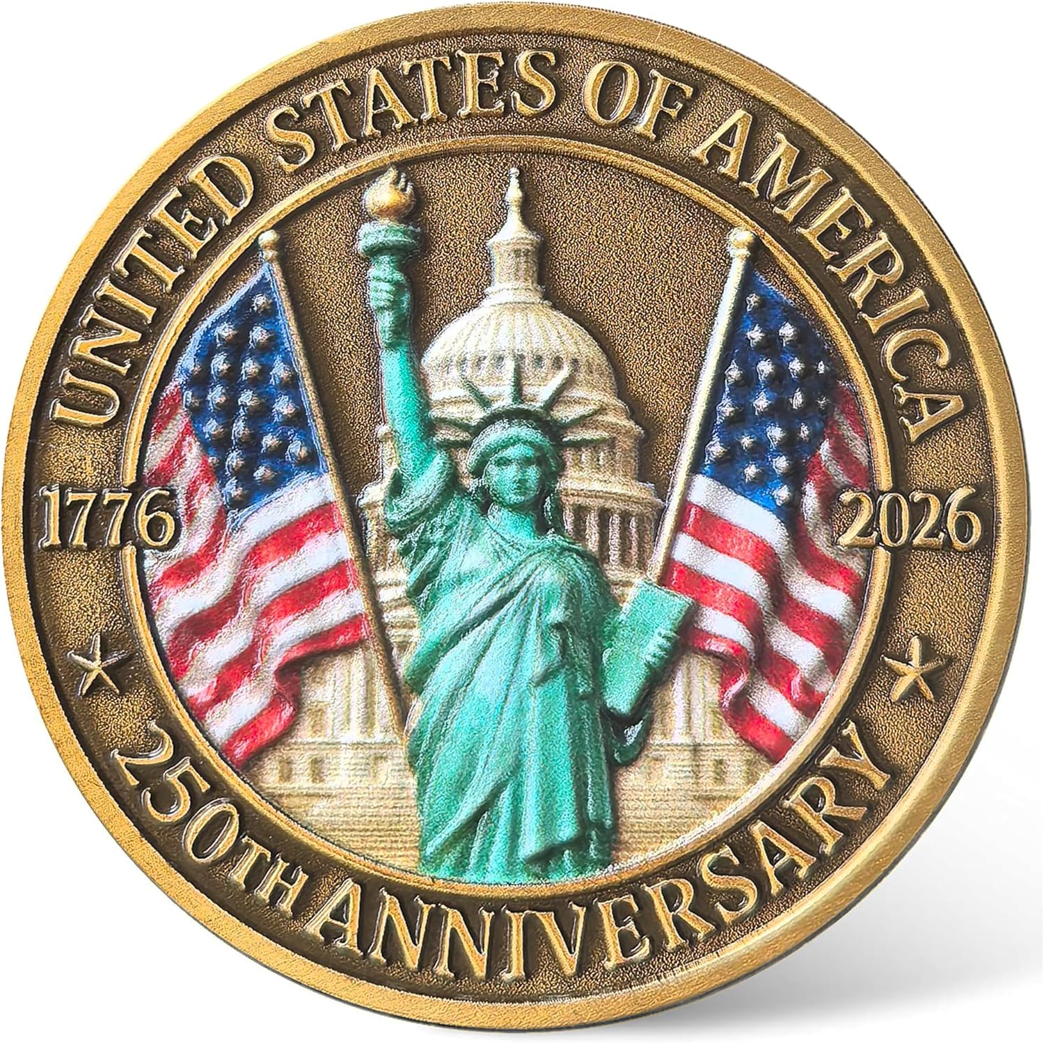 USA 250th Anniversary of Independence Challenge Coin with Protective Case - High Relief Patriotic Collectible, Liberty Bell & Statue of Liberty Tribute Keepsake Gift for History Lovers