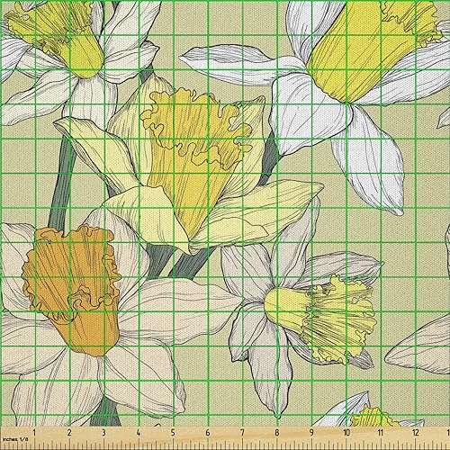 Miniatura 2 de Lunarable Floral Fabric by The Yard, Funky Illustration of Daffodils with Pastel Colors Retro Inspired Art Boho, Microfiber Fabric for Arts and