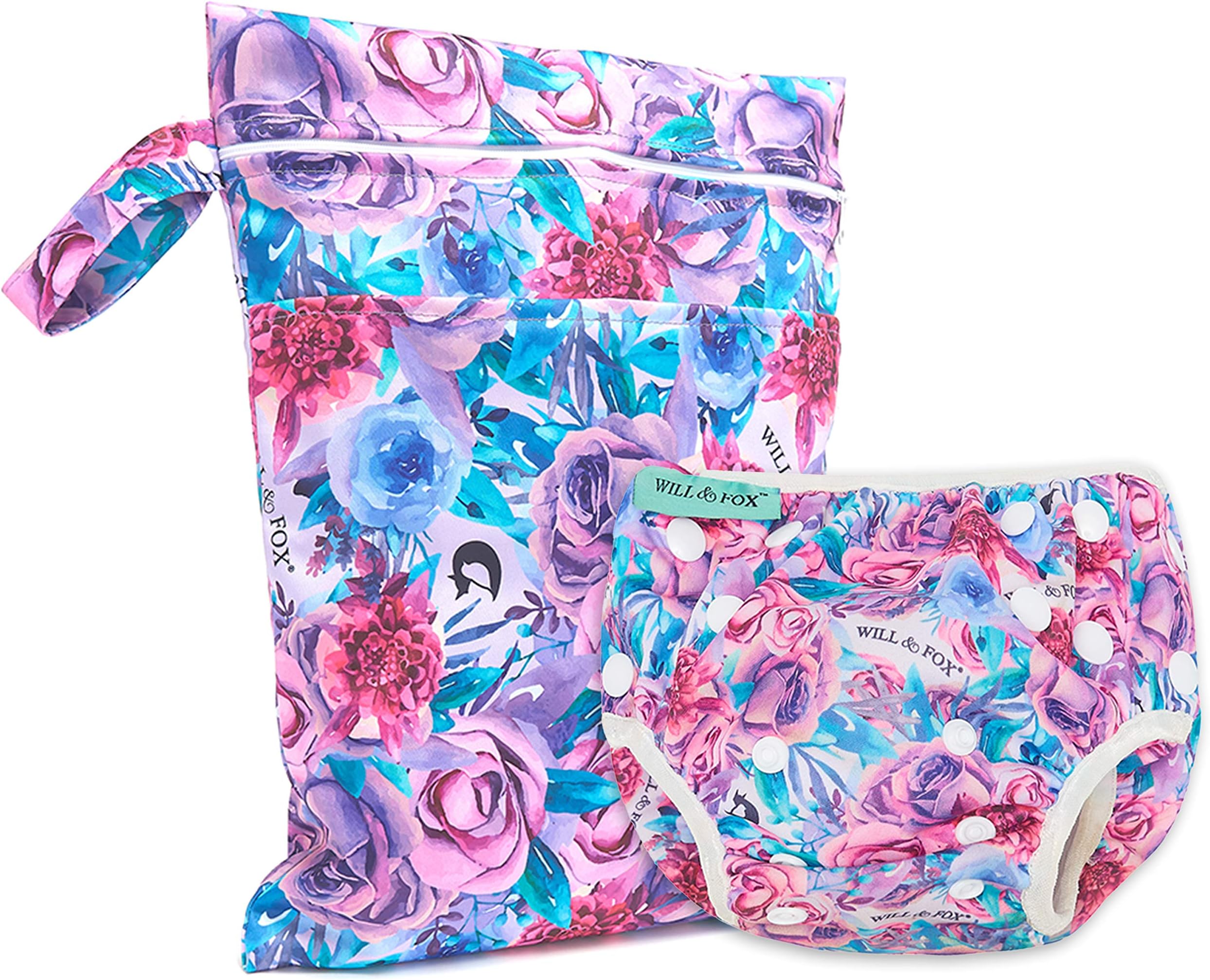 Will & FoxReusable Swim Diaper & Wet Bag for Babies, Infants & Toddlers 0-2 Years Adjustable Girls Swimming Diaper & Water Resistant Swim Bag – Floral – 1 Pack by Will & Fox