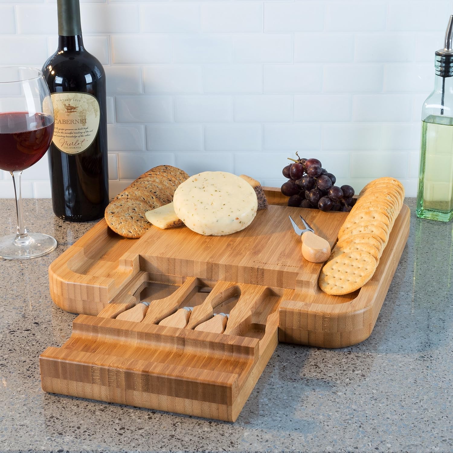 Bamboo Cheese Serving Tray - Eco-Friendly Charcuterie Board with 4-Piece Stainless-Steel Cutlery Set and Storage Drawer by Classic Cuisine (Tan)