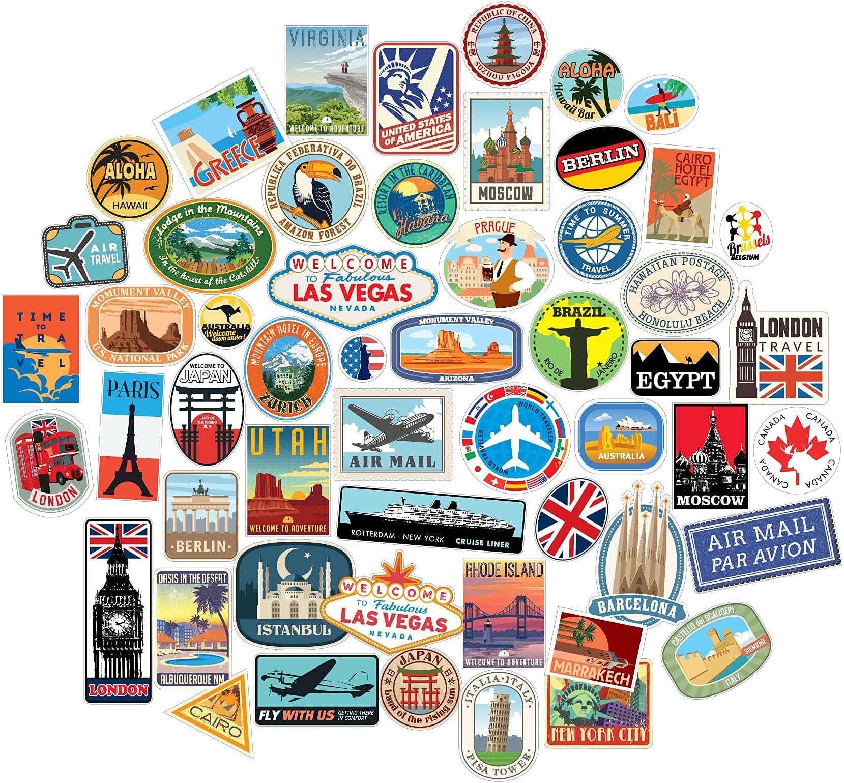 Luggage Stickers 54x Suitcase Patches Vintage Travel Labels Retro Vintage Graffiti car stickerbomb Style Vinyl Decals Door Skateboard Cafe Fridge Patches
