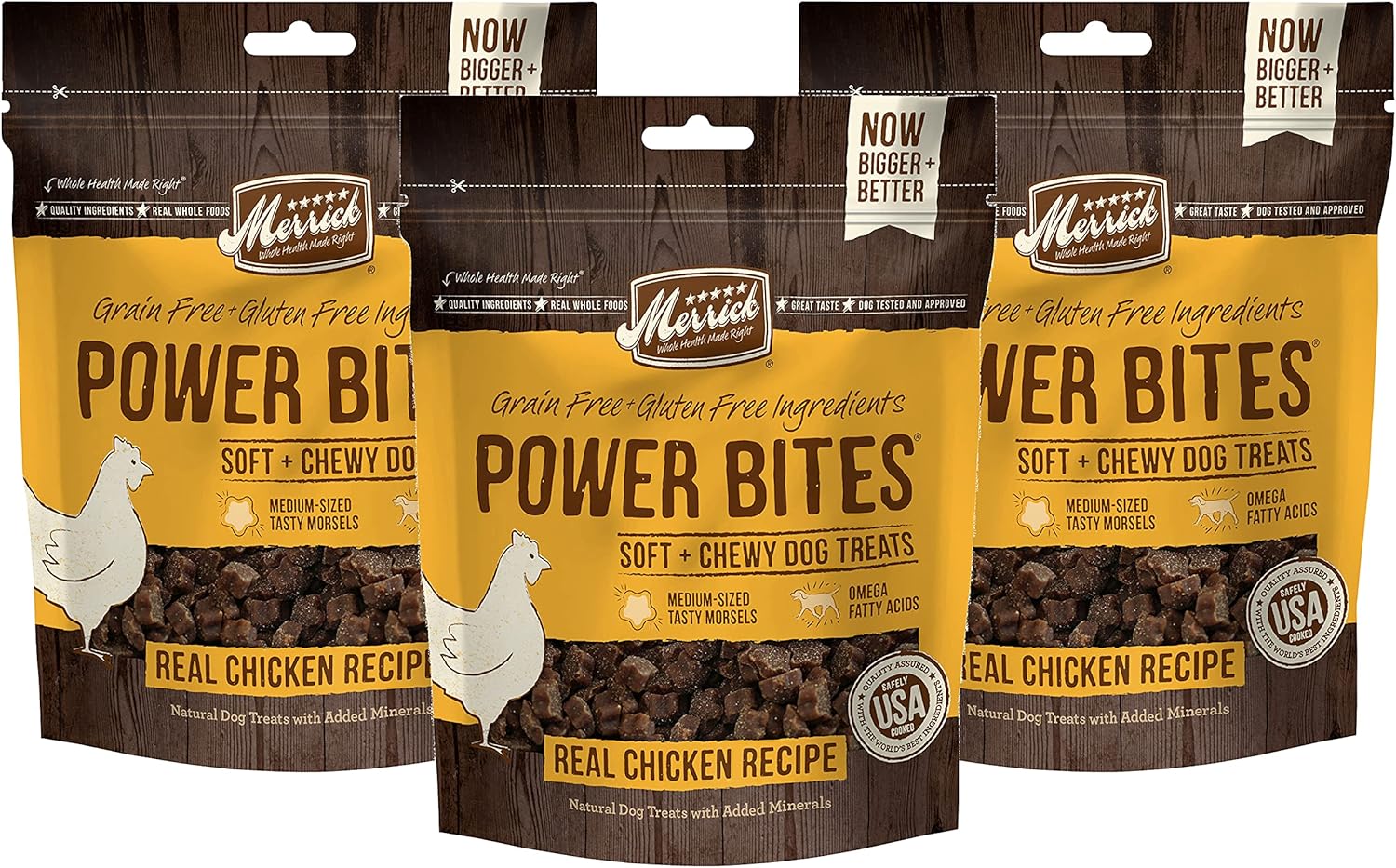 Merrick Power Bites Soft & Chewy Dog Treats, Real Chicken Recipe, Natural Dog Treats Made with Grain Free & Gluten Free Ingredients, 6 OZ Bag (Pack of 3)