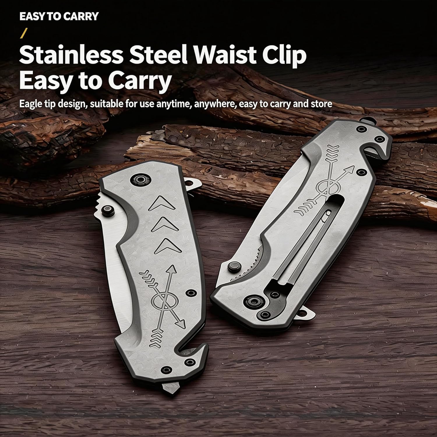 Full Steel Folding Pocket Knife with 3.86" Stainless Blade, EDC Pocket Knife Safety Lock & Pocket Clip -Tail Blade and Broken Window Design, Stainless Steel Handle for Camping Hiking Everyday Carry, 2 Pack