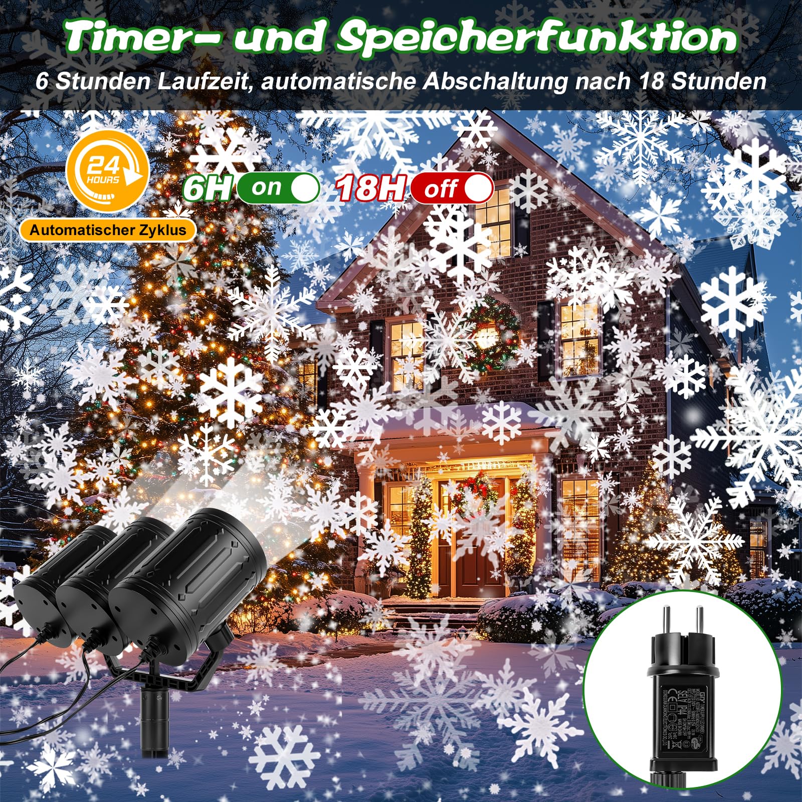 Charmofun Projektor Weihnachts Aussen, 3-Kopf Dynamische LED Schneeflocke Projektor 360°Rotierende mit Timer, Wasserdicht, Weihnachtsbeleuchtung außen für Garten Fenster Wand Party Weihnachtsdeko