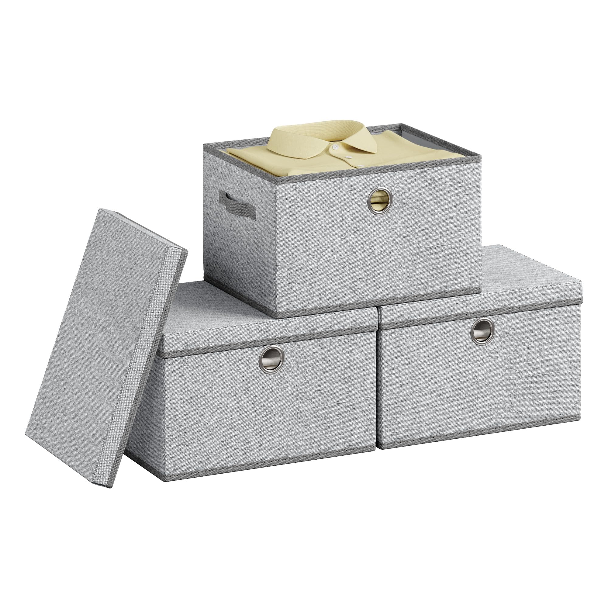 Songmics Dove Grey Cube Storage Boxes With Lids, 3 Pack Fabric Organiser Baskets, Odourless Pp Sheets, Foldable And Stackable, With Handles, Rfb540gd01