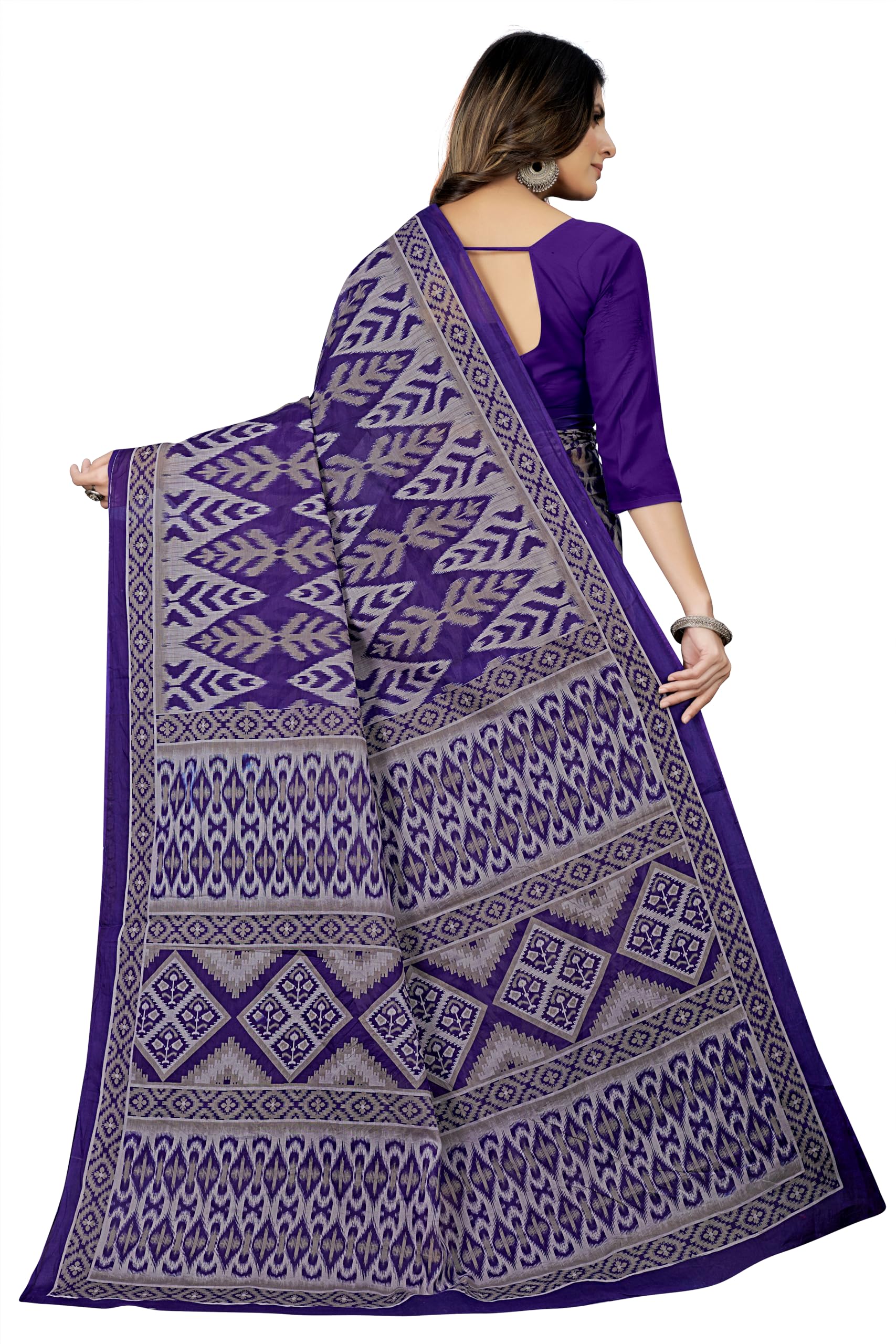 Tamaira Fashion Women's Handloom Print Pure Cotton Saree Without Blouse Piece(12004_Grey&Blue)
