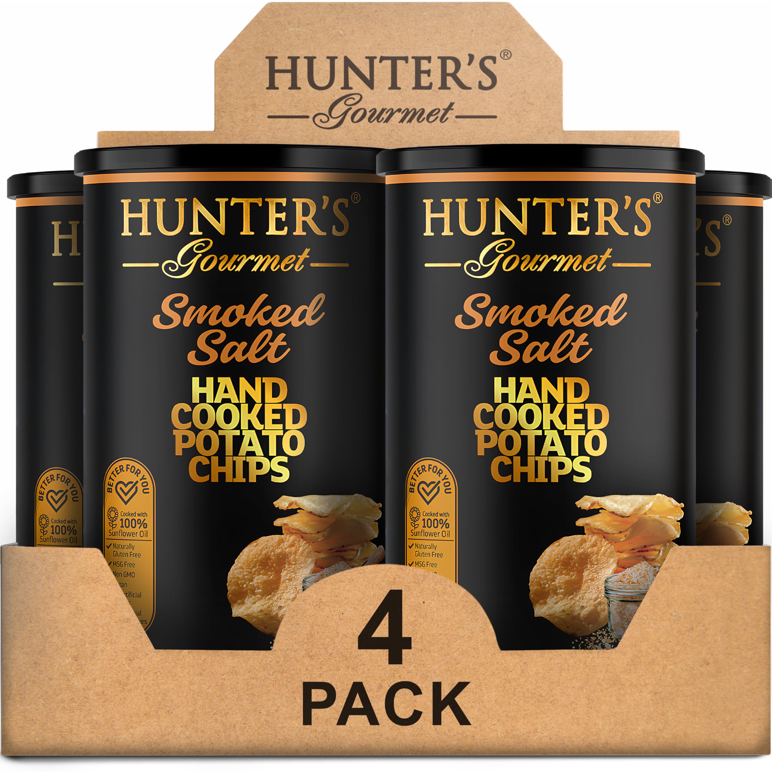 HUNTER'S GourmetPremium Cholesterol Free Chips | Naturally Gluten-Free | No Artificial Colors or Preservatives | Made in a Nut-Free Facility | Smoked Salt | Hand-Cooked Snacks | Pack of 4 | 150g