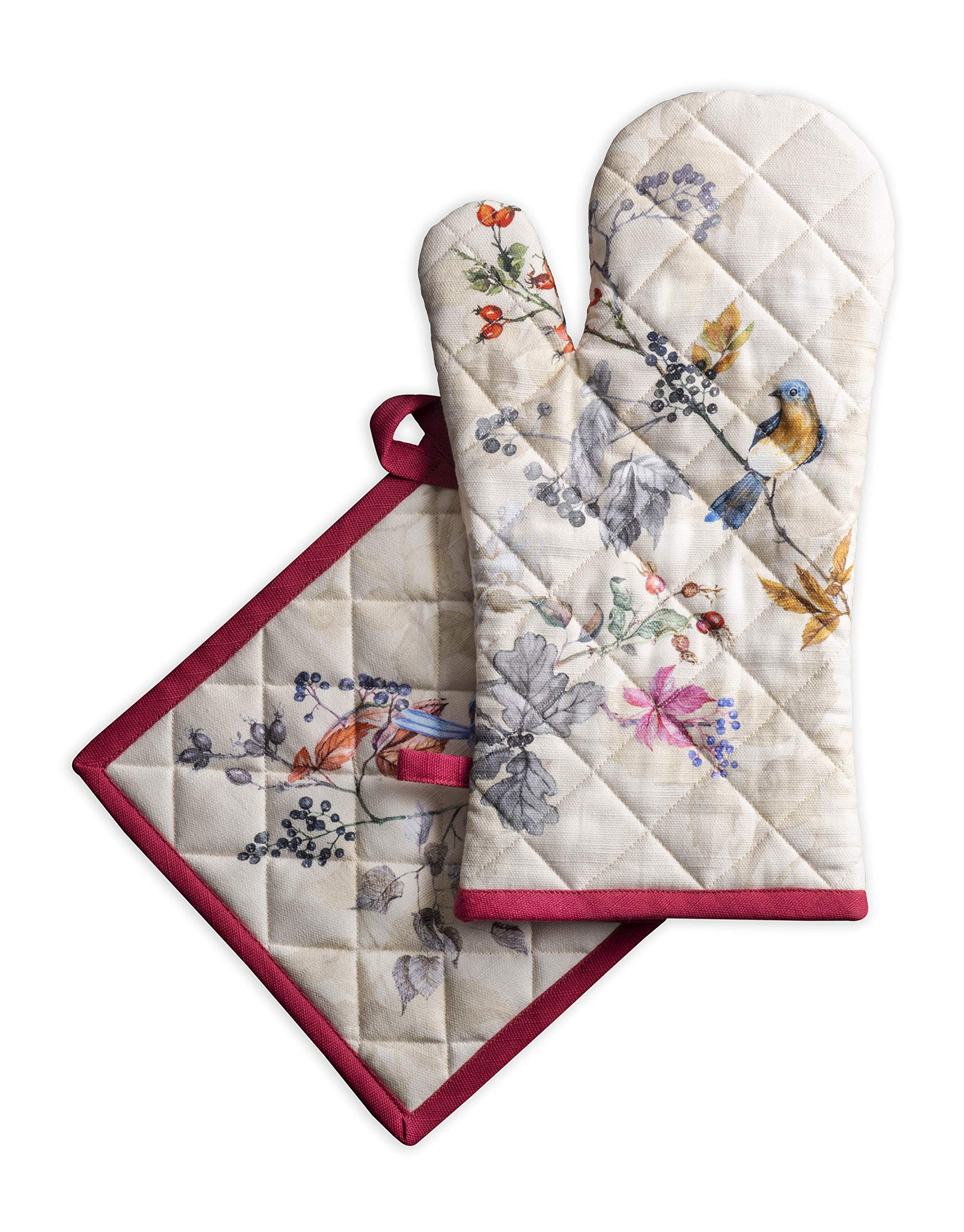 Maison d' HermineOven Mitt(19cm x 33cm) + Pot Holder(20cm x 20cm) 100% Cotton Oven Mitt & Pot Holder Heat Resistant Combo for Gifts, BBQ, Cooking, Chef, Equinoxe Beige - Thanksgiving/Christmas