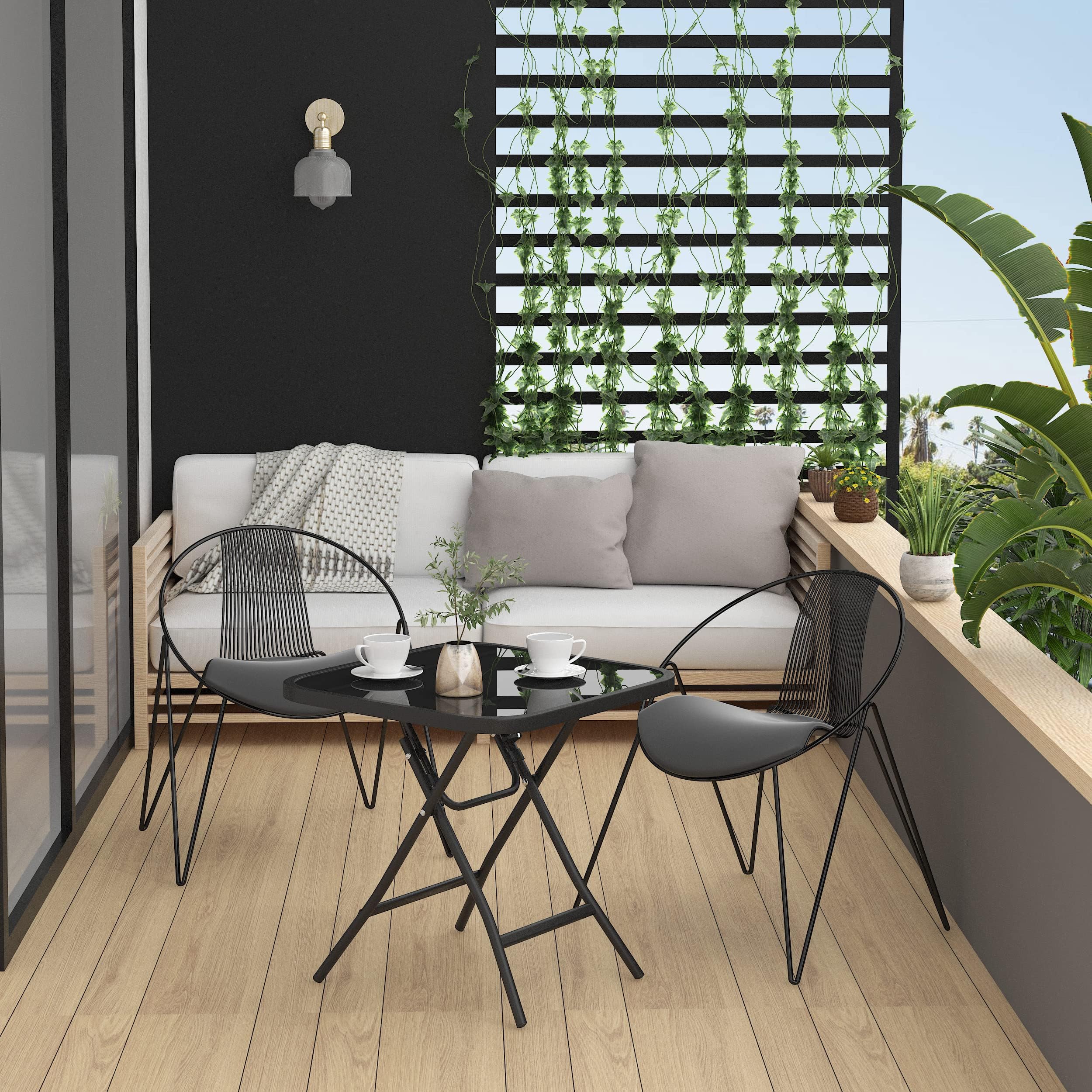 eSituro Tavolino da Balcone, Tavolo da Esterno con Piano in Vetro, Tavolino Quadrato da Giardino, Tavolo Richiudibile, Pieghevole, Nero, 46x46x48 cm