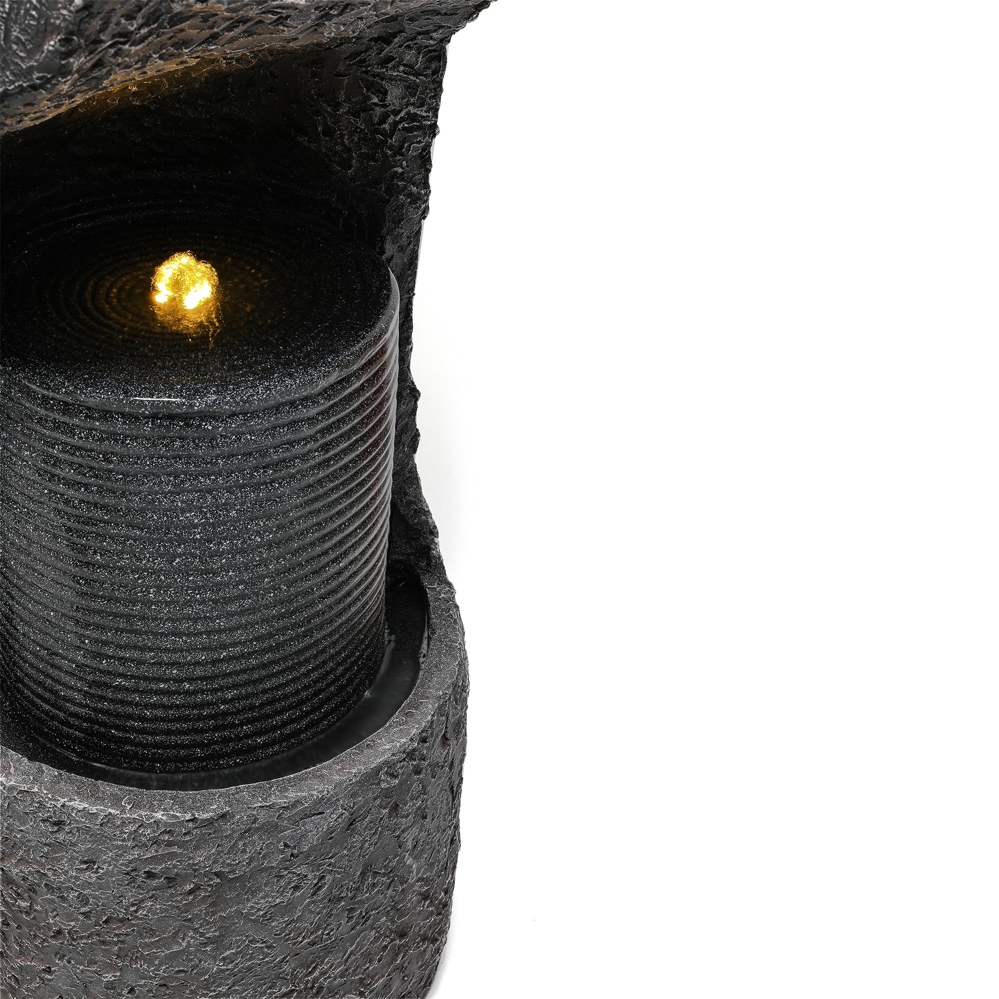 Fontana Cascata da Esterno in Poliresina Grigia con LED, Pompa, Gioco d'Acqua con Effetto Pietra Artificiale e Bacino Decorativo, Fontana Decorativa per Giardino, Terrazza, Balcone