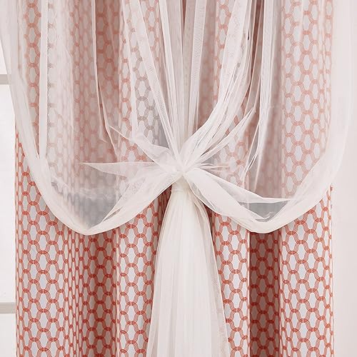 Miniatura 4 de Deconovo Mix & Match - Cortinas con estampado marroquí rojo para oscurecer la habitación, encaje de tul blanco con ojales en la parte superior,
