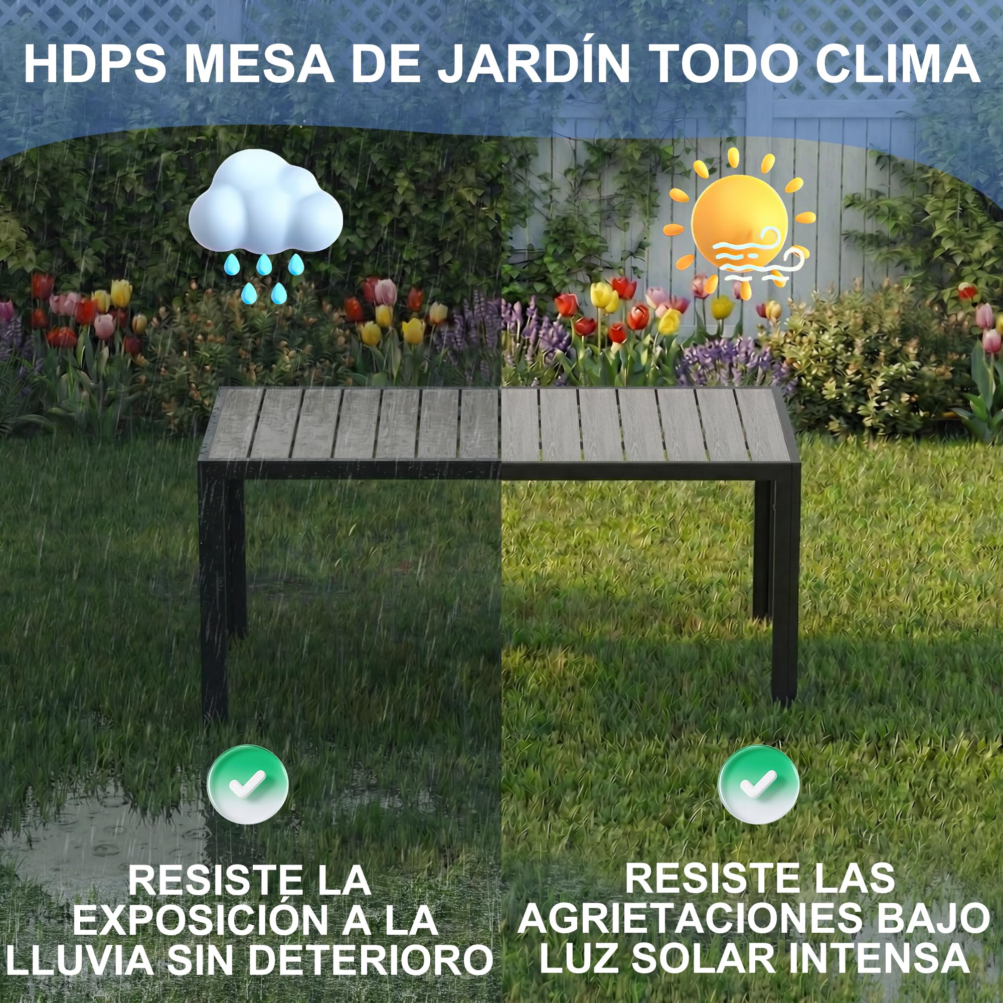 Devoko Mesa de jardín Resistente a la Intemperie HDPS, Mesa de Aluminio para Exterior,Acabado imitación Madera, fácil Mantenimiento, Mesa Comedor 4-8 Personas, para jardín y terraza