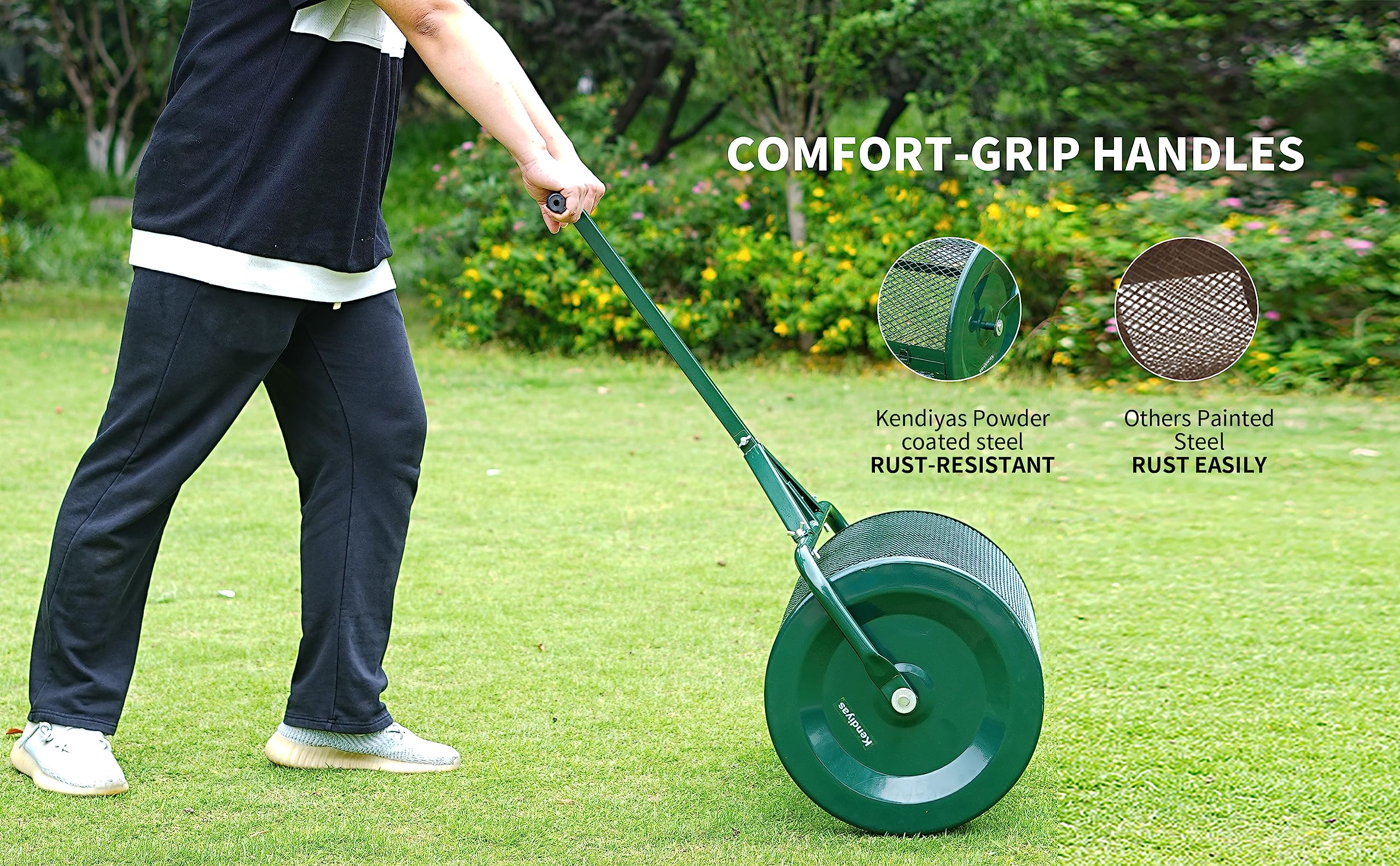 KENDIYAS Compost Spreader- 24 inch Peat Moss Roller With improved T shape handle-Lawn & Garden Spreader For Top Dressing Compost, Fertilizer, Mulch And Soil- Strong and Lightweight material for basket