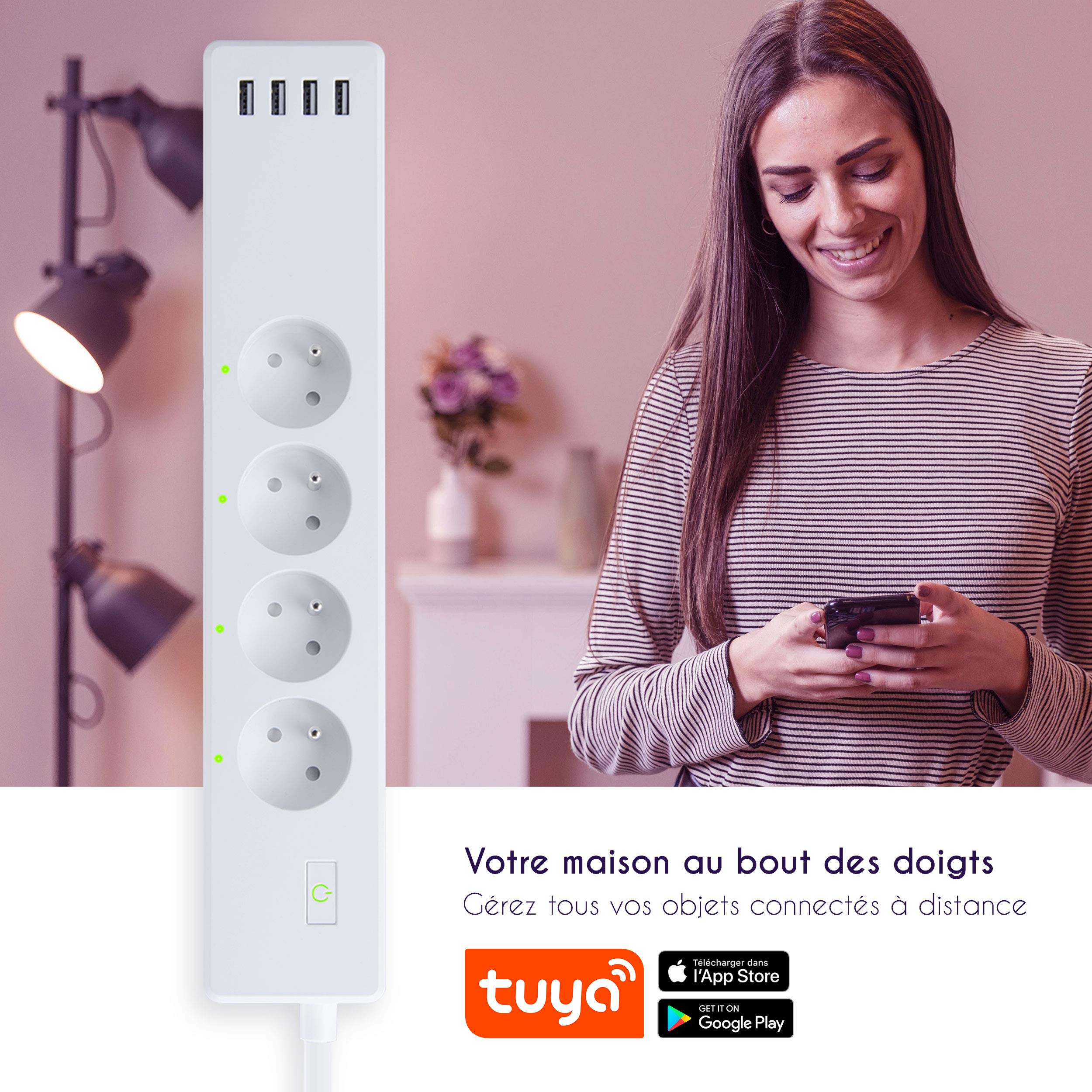 Strippy - Objet connecté - Multiprise connectée compatible Google home/Alexa - Prise UE – 4 prises & 4 prises USB – 220/240V – Protection enfant, contre la surcharge et la foudre