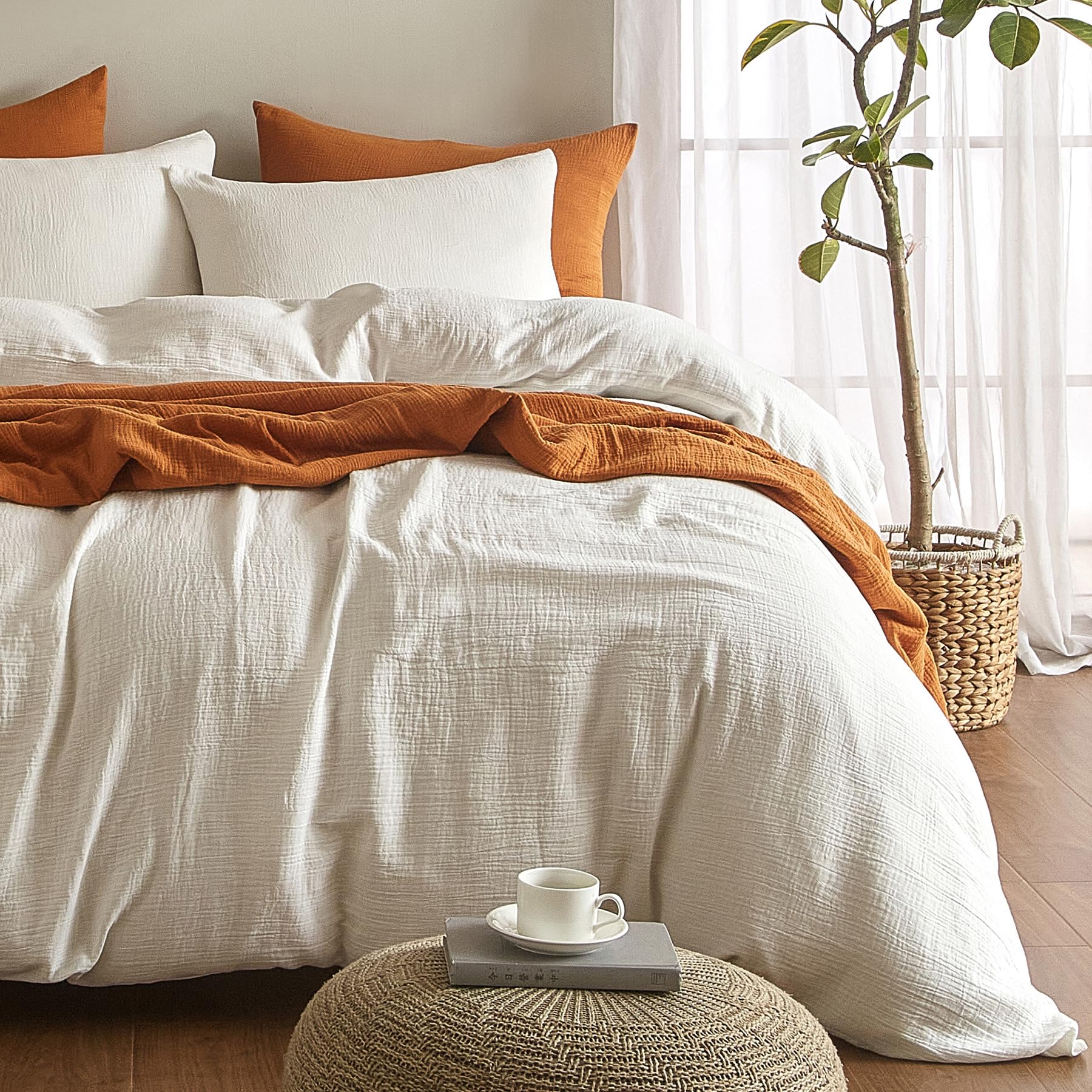 Bailix Premium Musselin Bettwäsche Sets 135x200 3 teilig 100% Baumwolle atmungsaktiv & bügelfrei Bettbezüge 135x200cm + 2er Kissenbezüge 80x80cm Oeko-Tex Bettwäsche-Sets mit Knöpfe Weiß