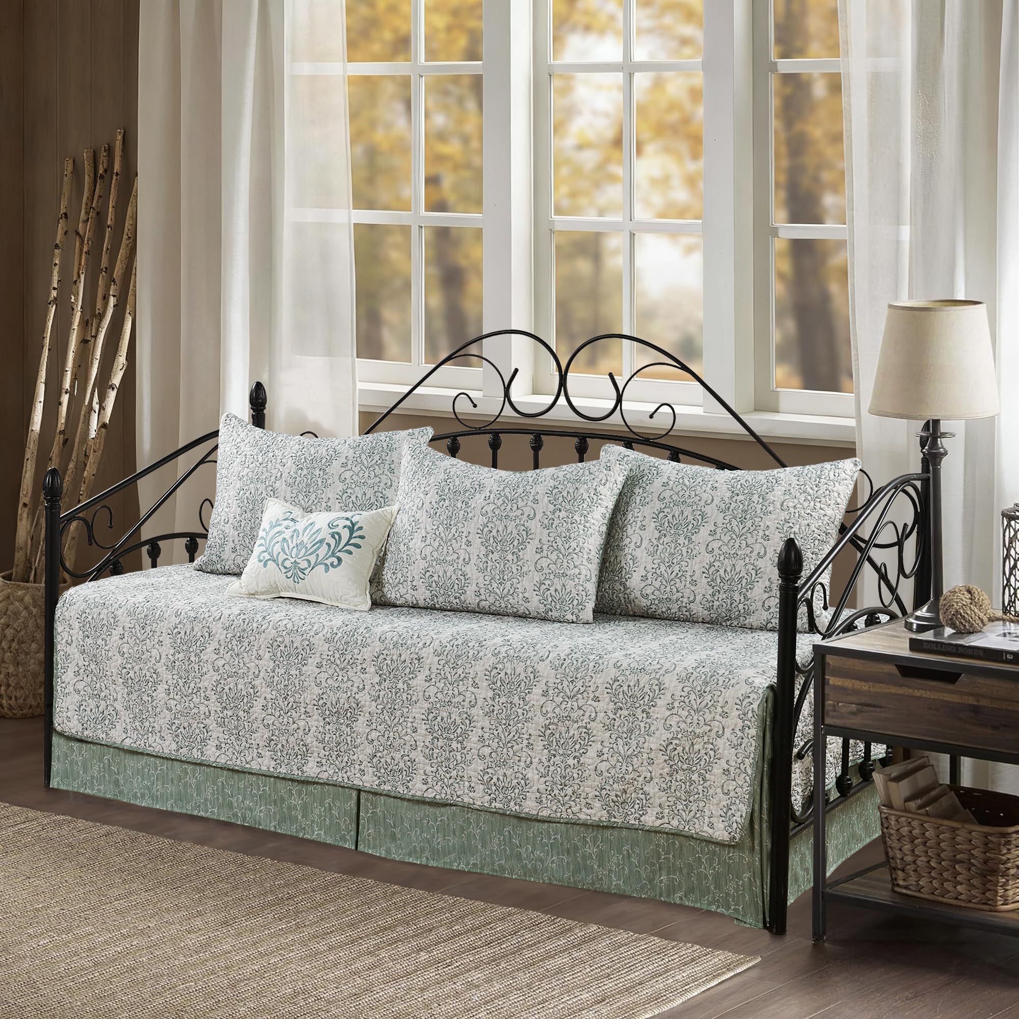 6 Piece Reversible Microfiber Ivy Mist Printed Daybed Cover Set, All Season Luxury Bedding with Bedskirt, Matching Shams, Decorative Pillow, 75"x39", Green