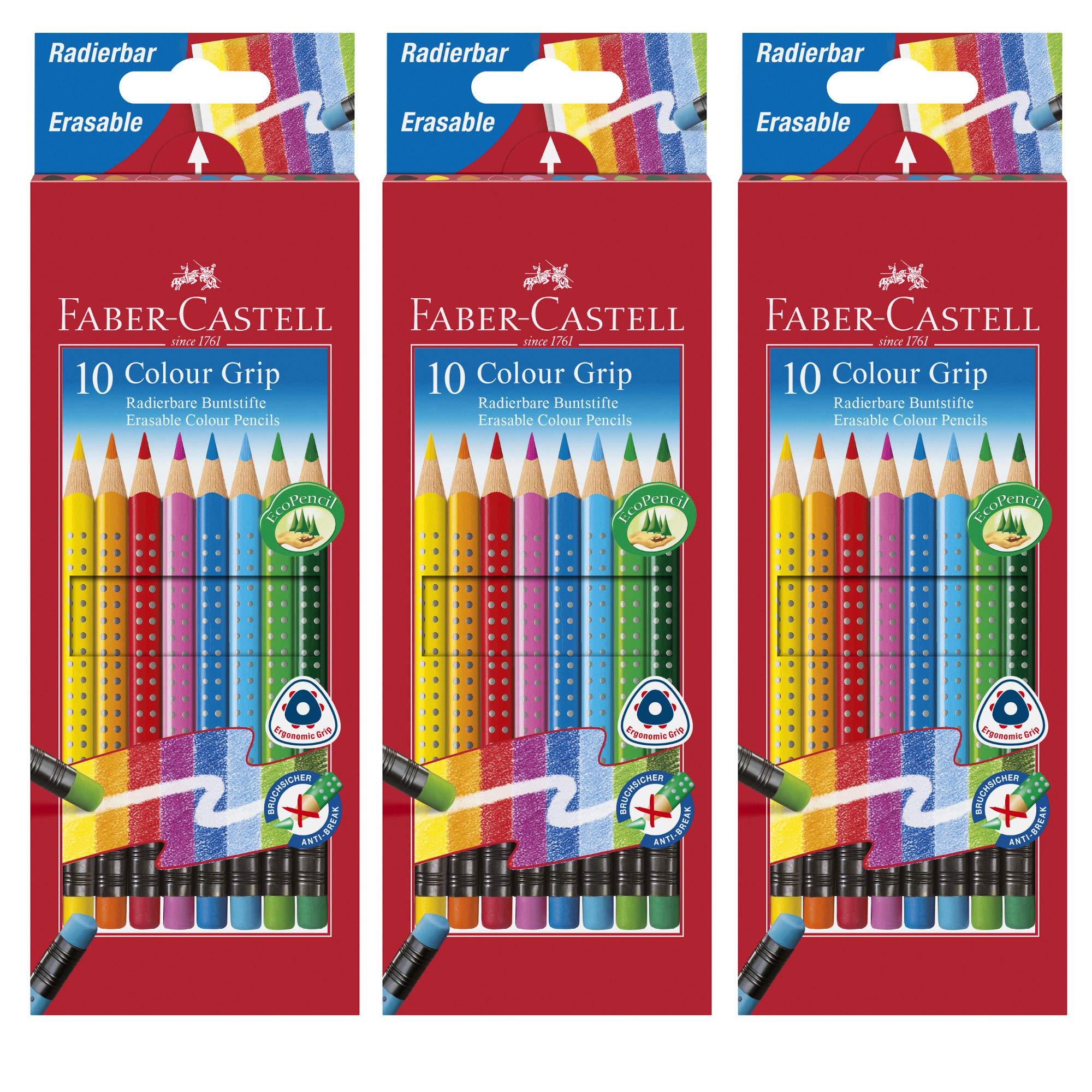 Faber-Castell 116612 - Lápices de colores con punta de goma, Lápiz (estuche de 12 unidades, 1 unidad), 3x 10er, Grip de color., 10
