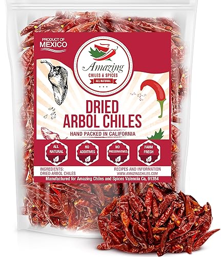 Chile De Arbol 8oz - Pimientos rojos enteros secos, sin tallo de primera calidad, bolsa resellable. Uso en platos mexicanos, chinos y tailandeses.