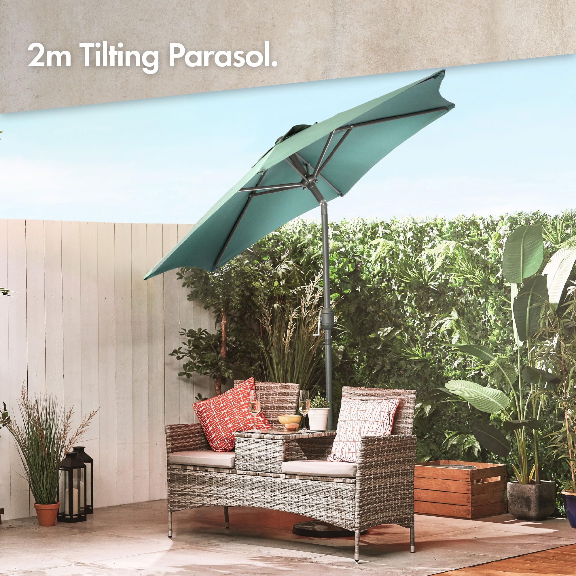 VonHaus Parasol 2M – Parasol Umbrella for Outdoor, Garden, Patio – Sun Shade Canopy with Hand Crank, Tilt Function, UV30+ Protection, Air Vent, Powder Coated Steel Frame - Dark Green — view 2