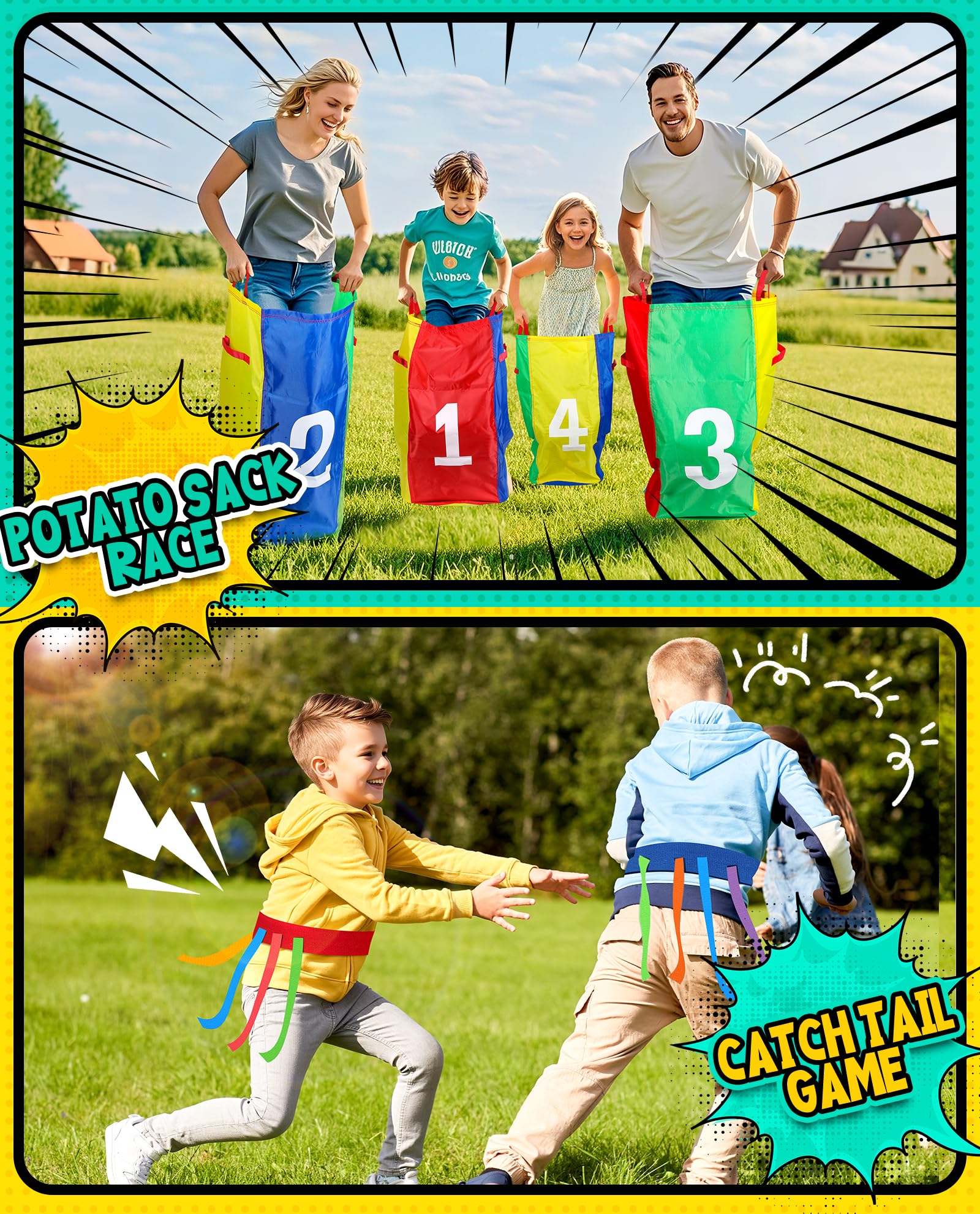 Eocolz Outdoor Carnival Games, Potato Sack Bags for Kids Adults, Egg Spoon Relay Race, 3 Legged Race Bands, Catch Tail Games, Birthday Party, Field Day Family Day Yard Lawn Easter Fall Festival Games - 3