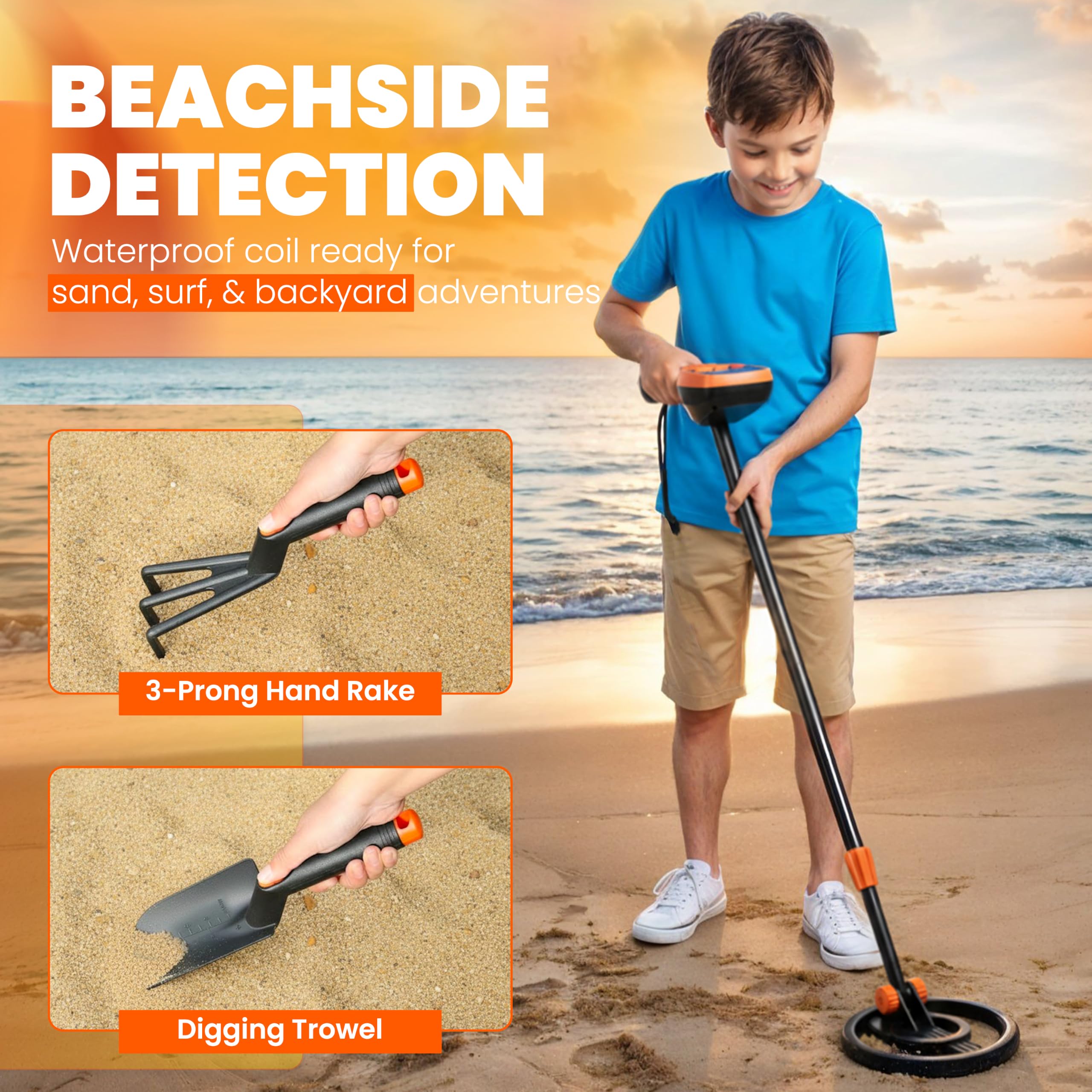 Detector de metales para niños – Detector de metales inalámbrico con bobina impermeable, longitud ajustable, rastrillo de mano de 3 puntas y paleta para detectar objetos pequeños de hasta 4
