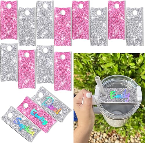 AIERSA Placa de nombre para vaso Stanley de 40 onzas con asa, 6 unidades, color rosa, 6 unidades plateadas