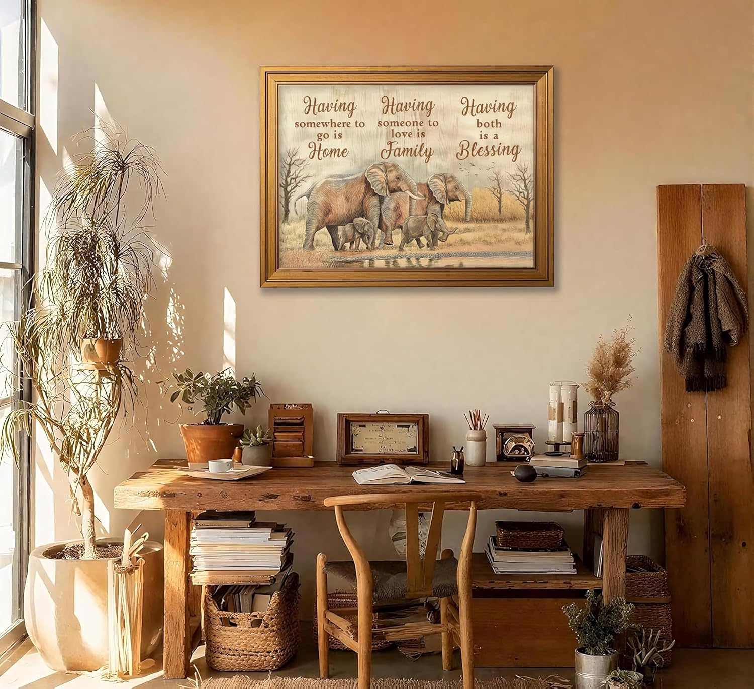 Vintage Gold Framed Family Wall Art Elephant Family Love Painting Canvas Prints Inspirational Quote Picture Wall Decor Rustic Farmhouse Poster Artwork for Living Room Bedroom Dining Room Decortion