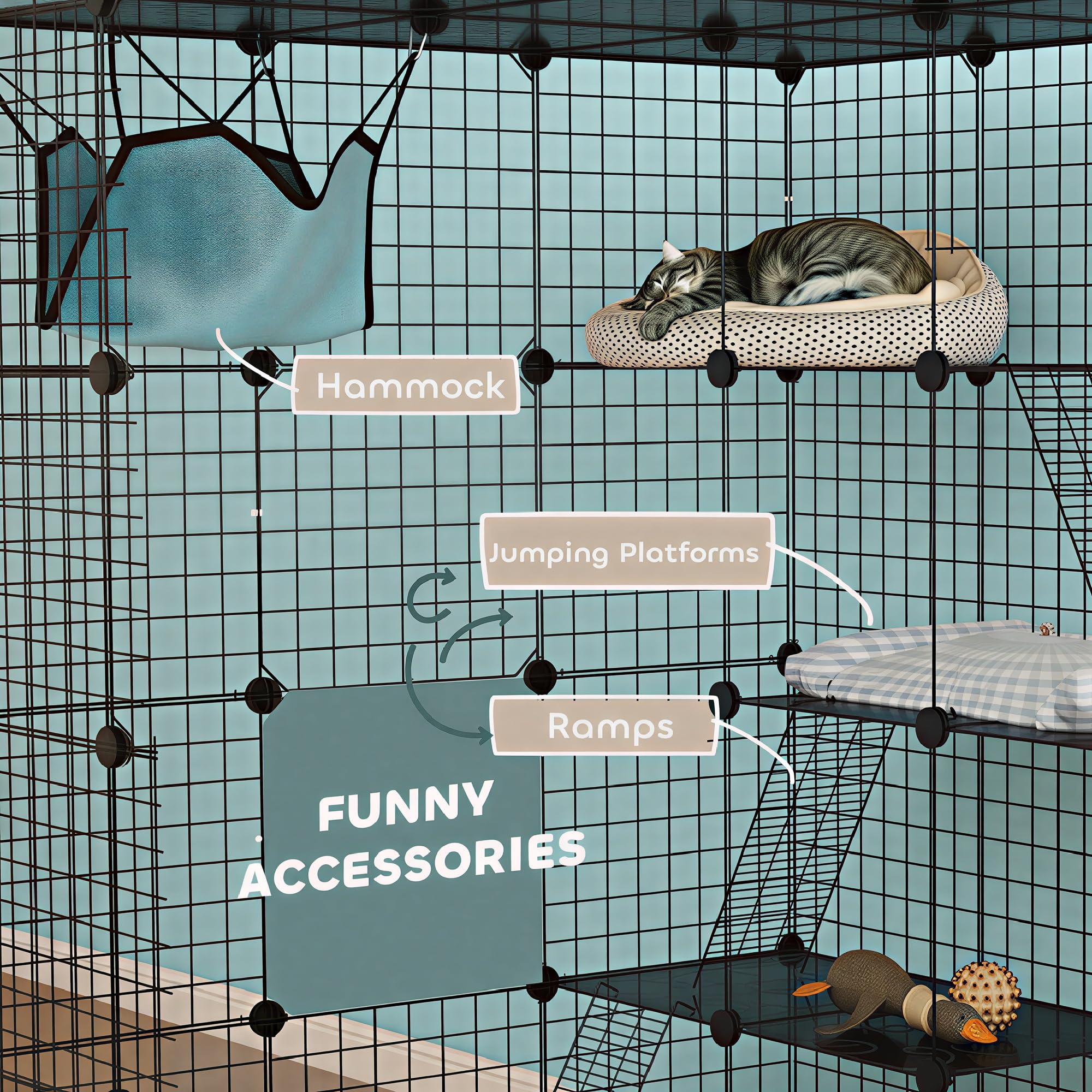 PawHut Jaula Grande para Gatos Interior de 4 Niveles con 5 Puertas, 3 Plataformas de Salto y 3 Rampas, Hamaca, Recinto y Parque para Mascotas, 105x105x140 cm, Negro