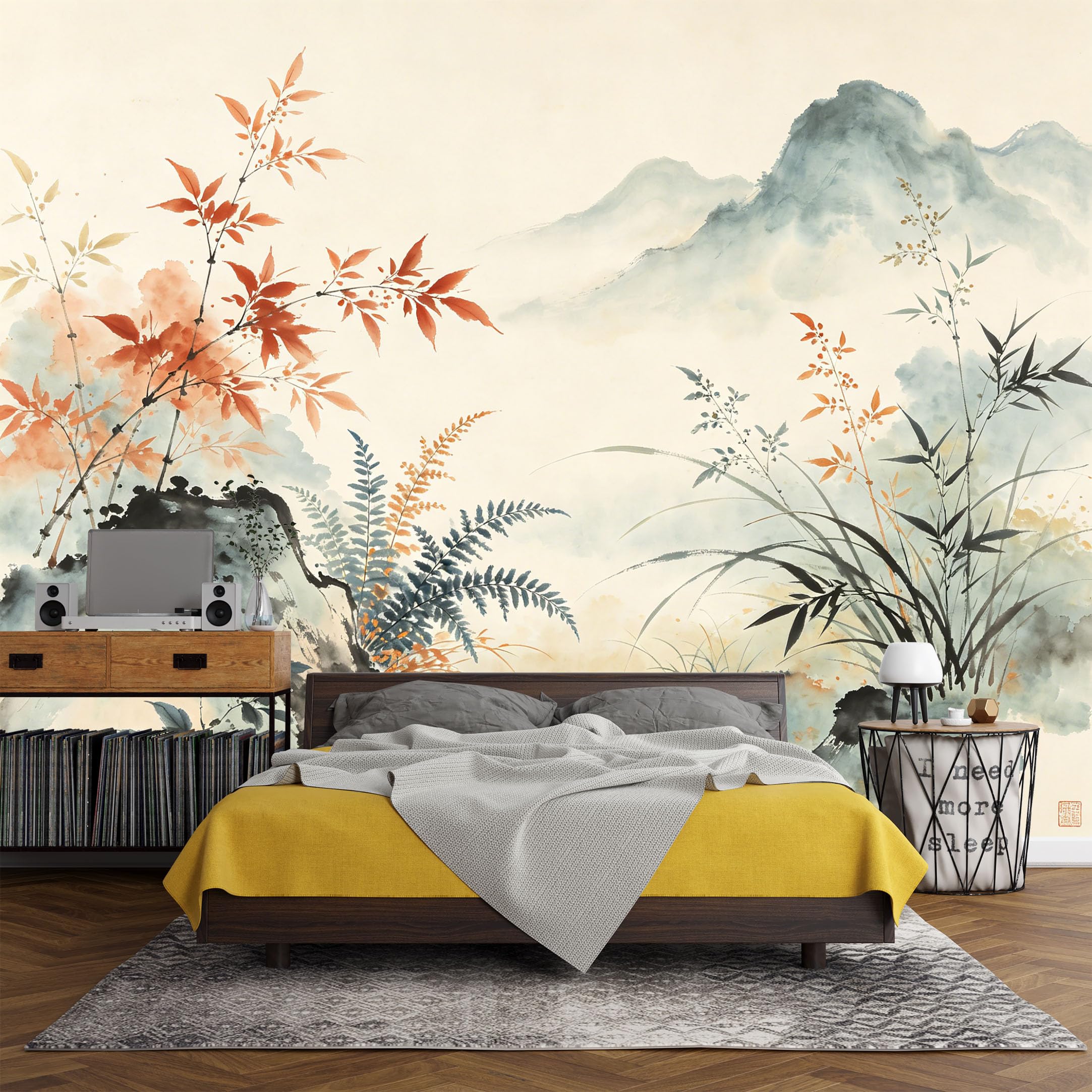 Custom Size Wall Mural， Watercolor Mountain Landscape with Autumn Foliage and Bamboo，SelfAdhesive Art Prints wall Fabric(No PVC) Removable Wallpaper Living Room Decor
