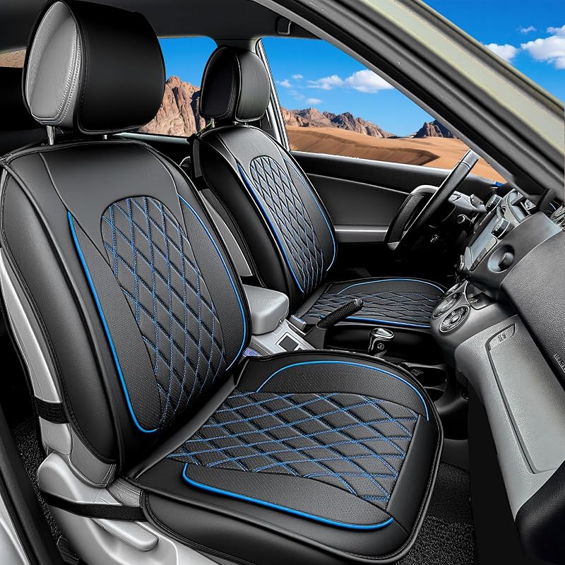 Capas para Bancos Dianteiros LINGVIDO em Couro Sintético Perfurado Preto com Linha Azul, Compatíveis com Airbag, Kit com 2