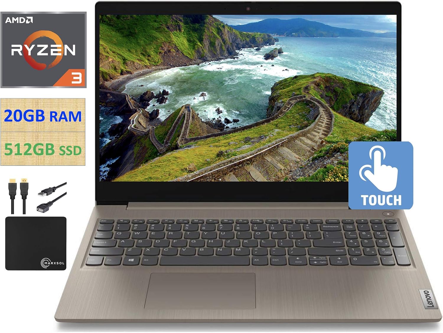 2021 Flagship Lenovo IdeaPad 3 15.6" HD TouchScreen Laptop Computer, Dual-Core AMD Ryzen 3 3250U Up to 3.5GHz (Beats i5-7500U), 20GB DDR4 RAM, 512GB PCIe SSD, Webcam, WiFi, Windows 10 + Marxsol Cables