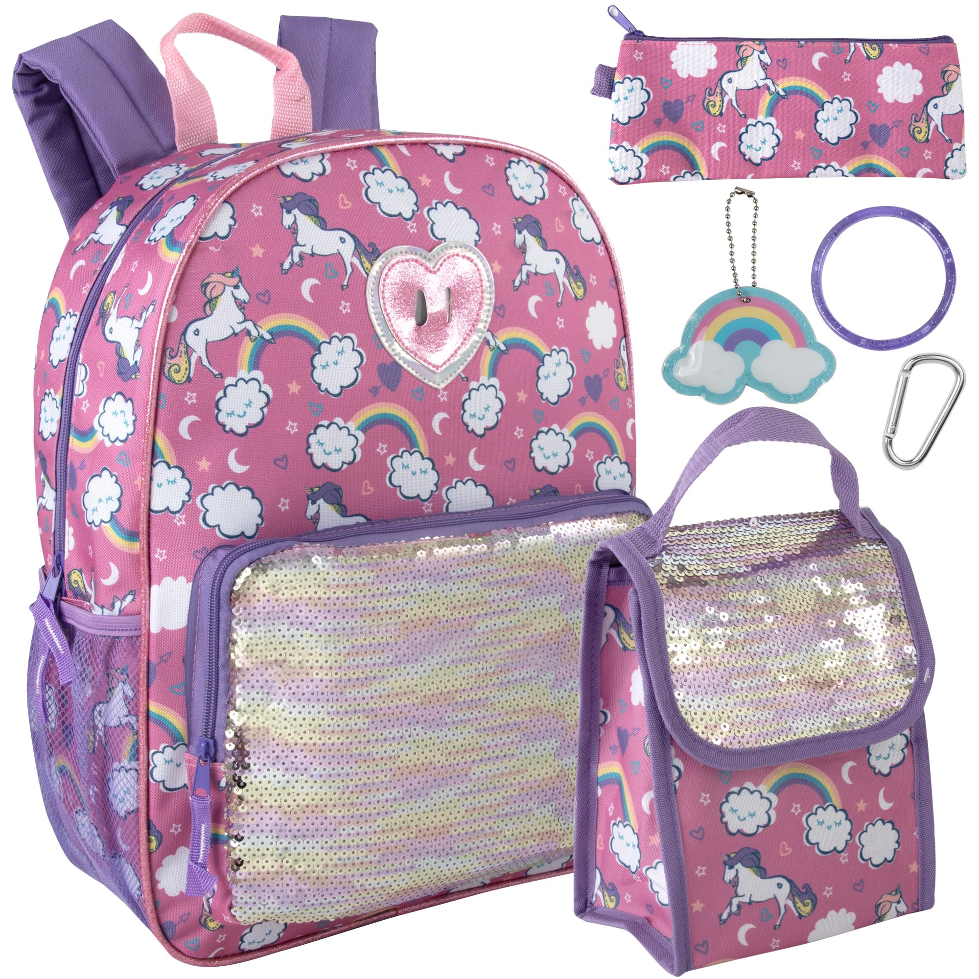 Trail maker 16.5 Inch Girls School Backpack 6 in 1 Set with Lunch Bag, Pencil Case, Keychain, Bracelet, Carabiner Clip Attached (Sparkle Unicorns) for Travel, Commute