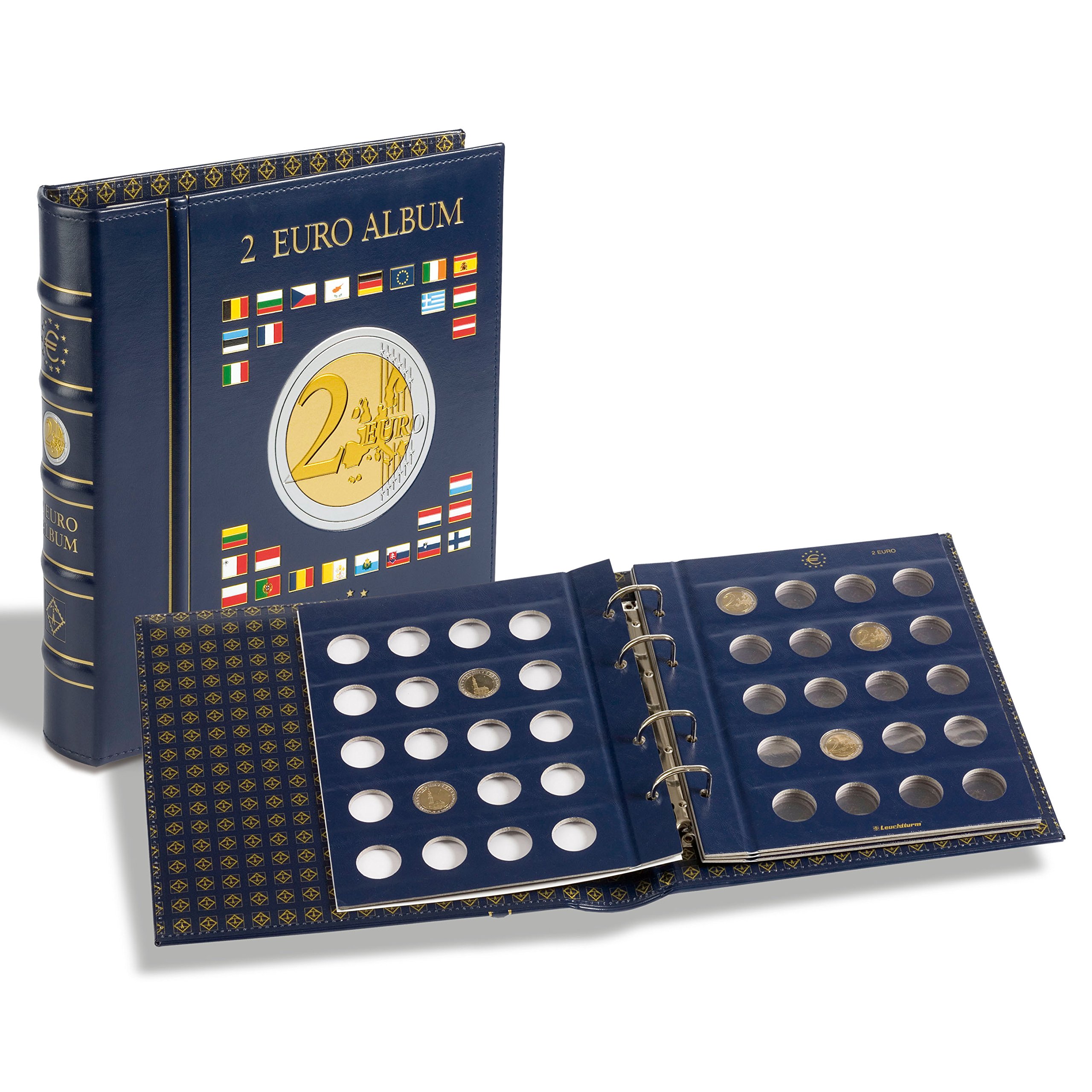 Leuchtturm 344852 Classeur à Anneaux Optima Design Classique 2 Euros, avec étui de Protection, Reliure en Similicuir Bleu - 24 x 27 x 5 cm