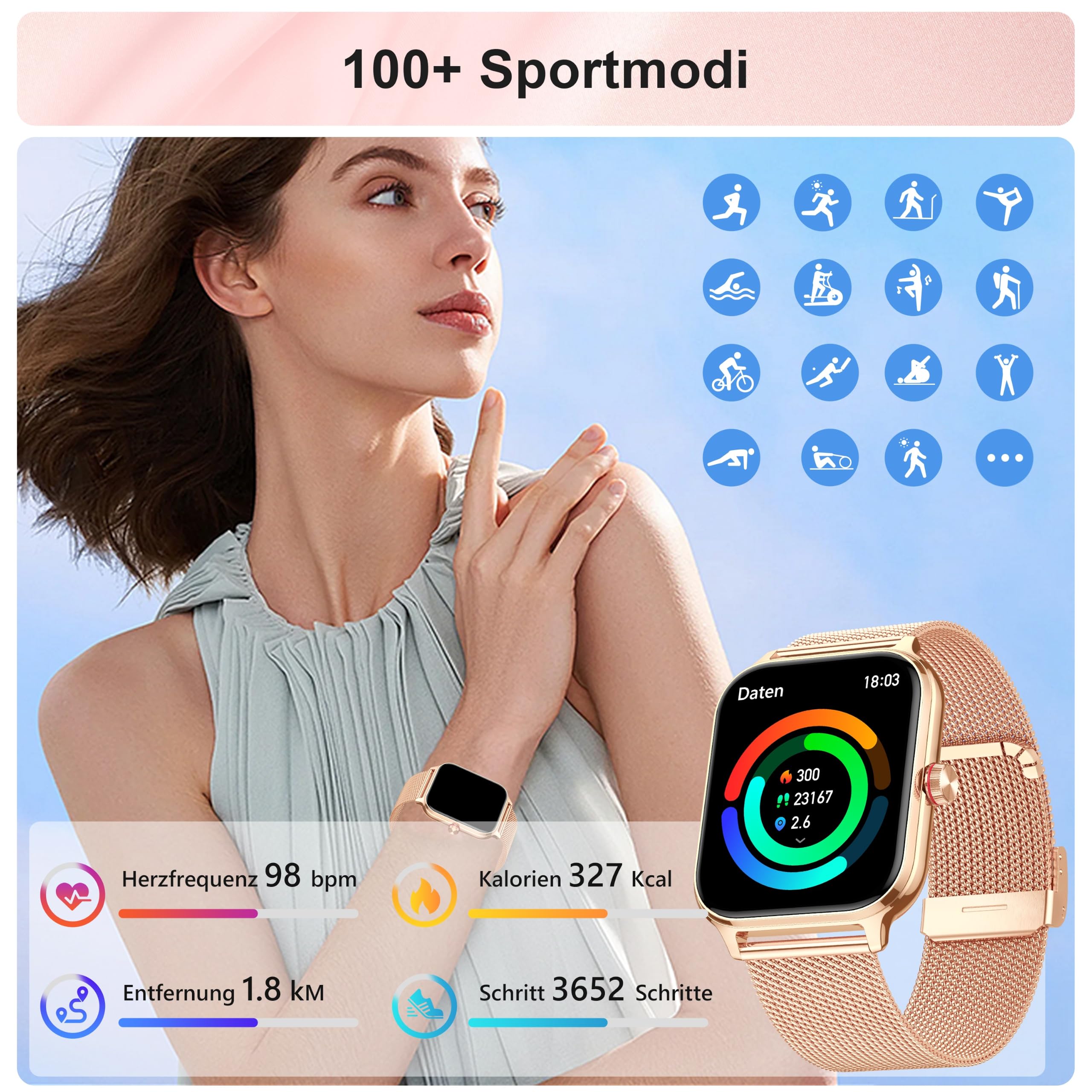 Blutdruck Smartwatch Damen Telefonfunktion für Apple Samsung Huawei Xiaomi