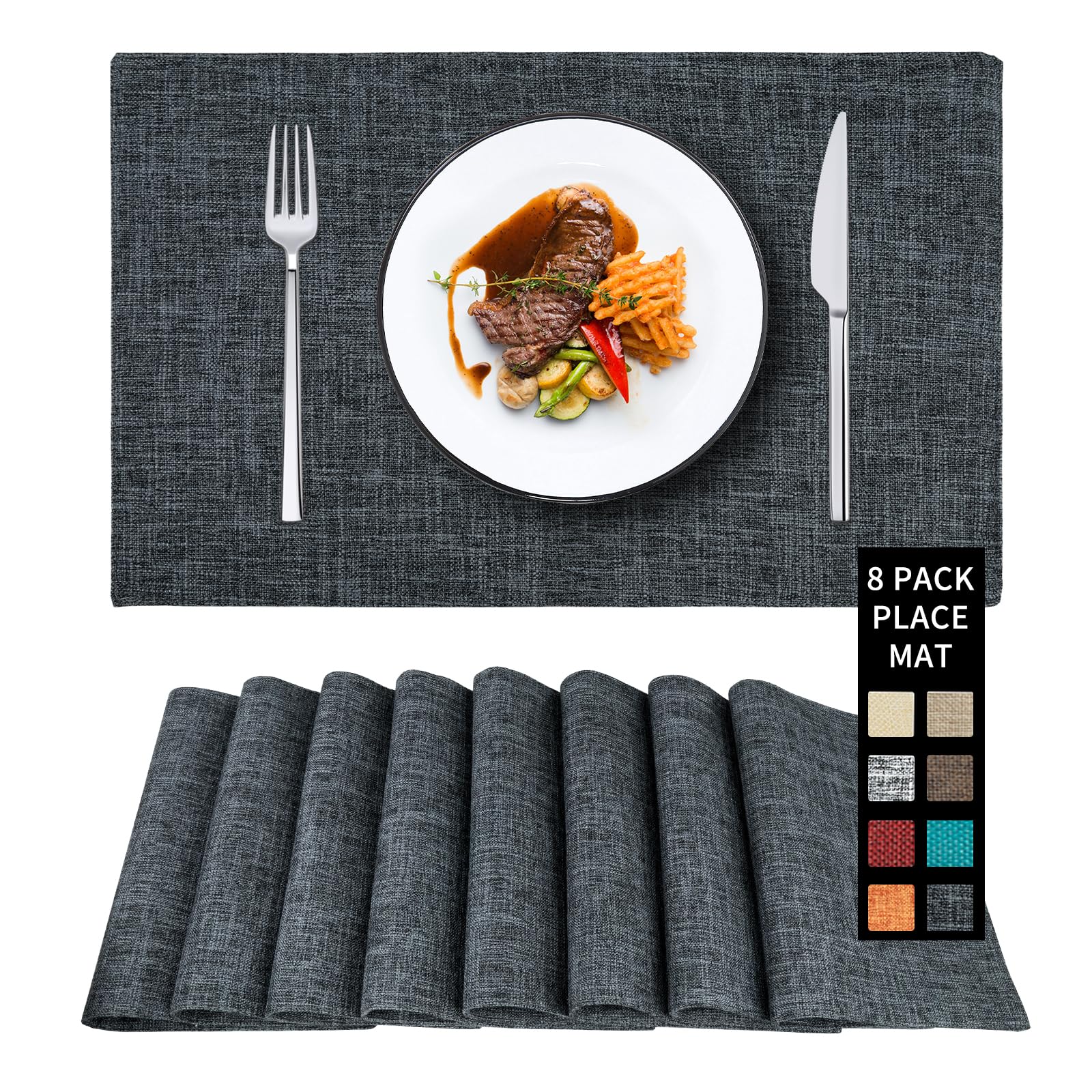 QPIX DIGITAL Cloth Placemats Set of 8, Linen Type Fabric Placemats Table Mat, Machine Washable Rustic Place Mats Heat Resistant Placemats Thick Polyester Kitchen Place Mats for Dining Table (Black)