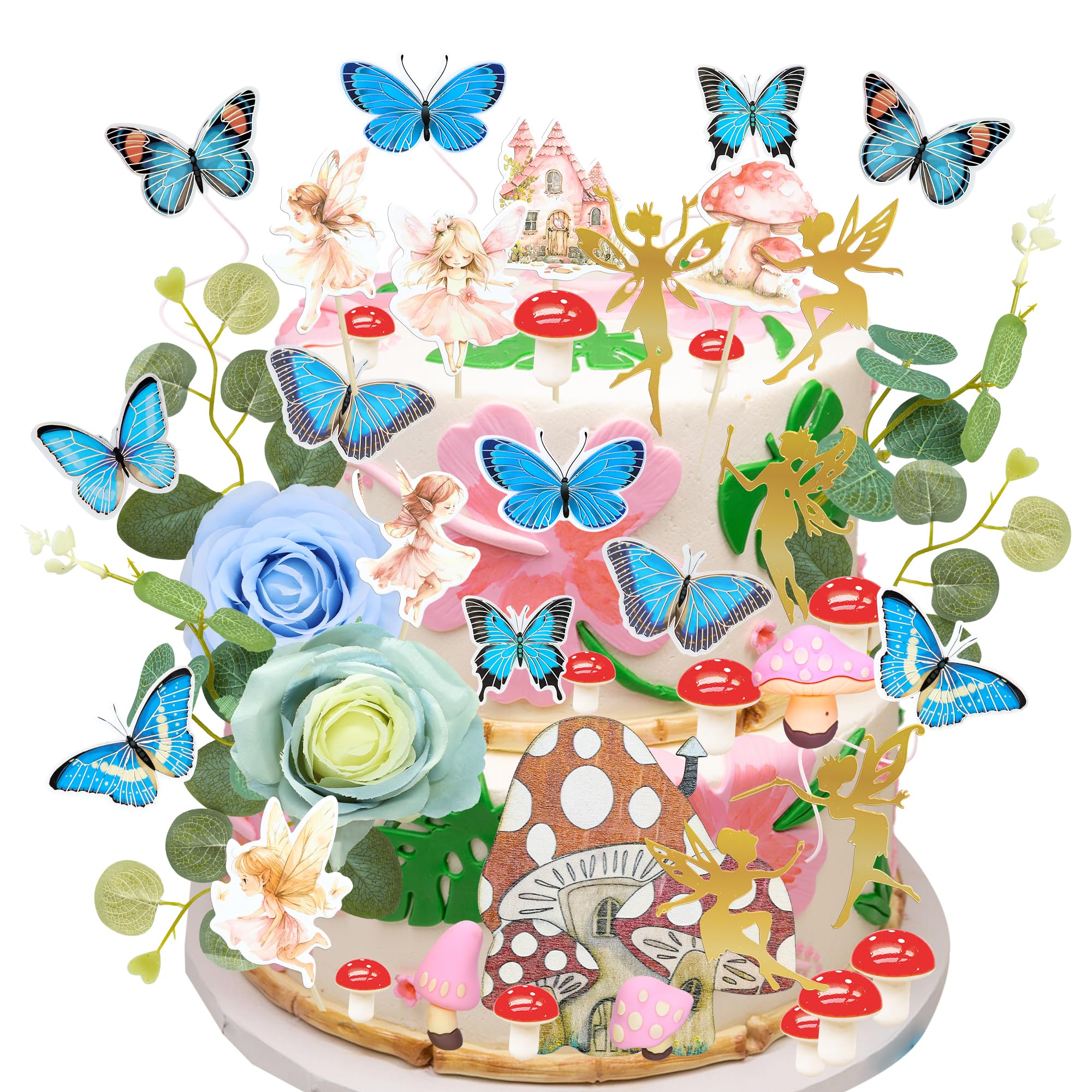 Gyufise 60 Pack Fairy Cake Toppers Butterfly Cake Picks Mushroom Door Flowers Cake Decoration Fairy Garden Topper for Girl Party Birthday Baby Shower Supplies Blue