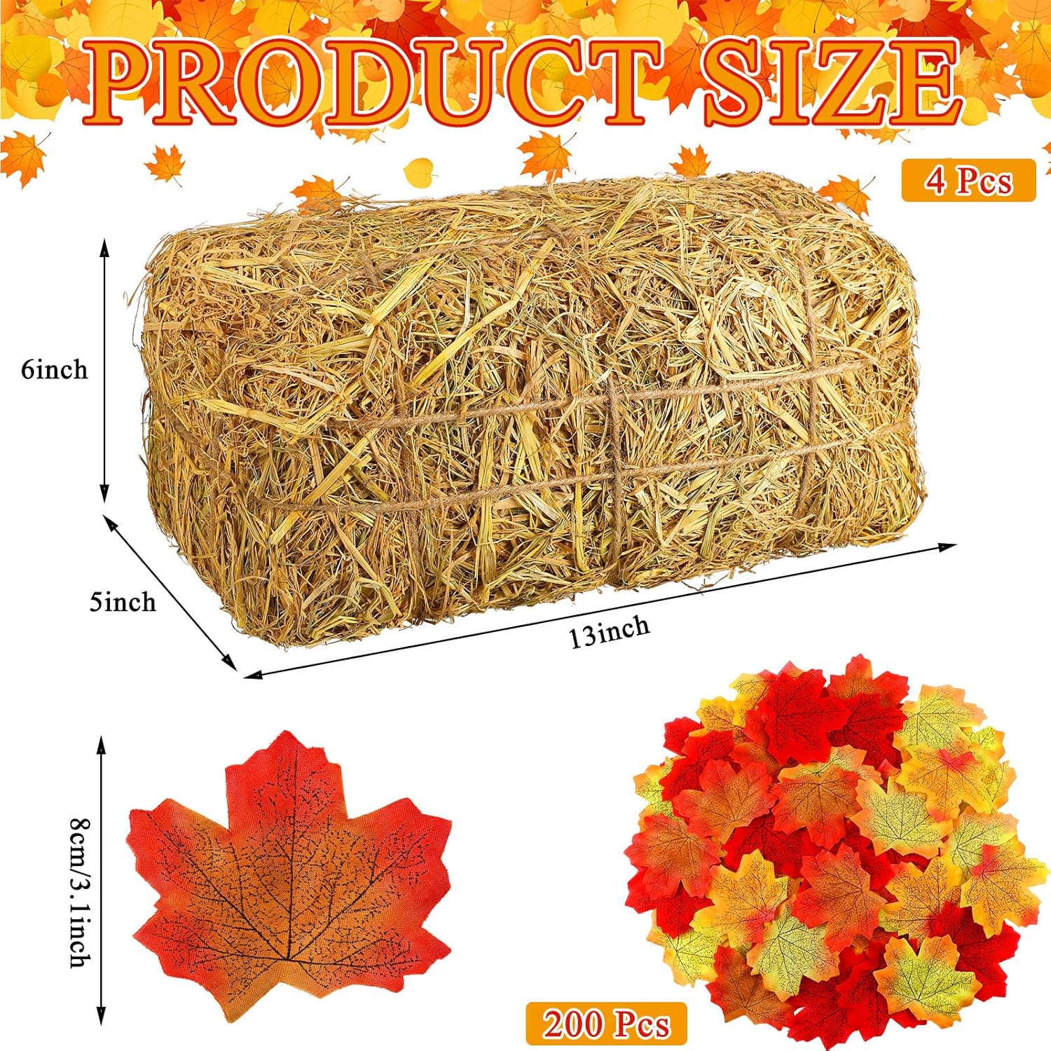 4 Pcs 13 x 6 x 5 Inch Decorative Straw Hay Bale Stack Decoration with 200 Pcs Fake Artificial Fall Maple Leaves for Fall Thanksgiving Harvest Autumn Party Decoration