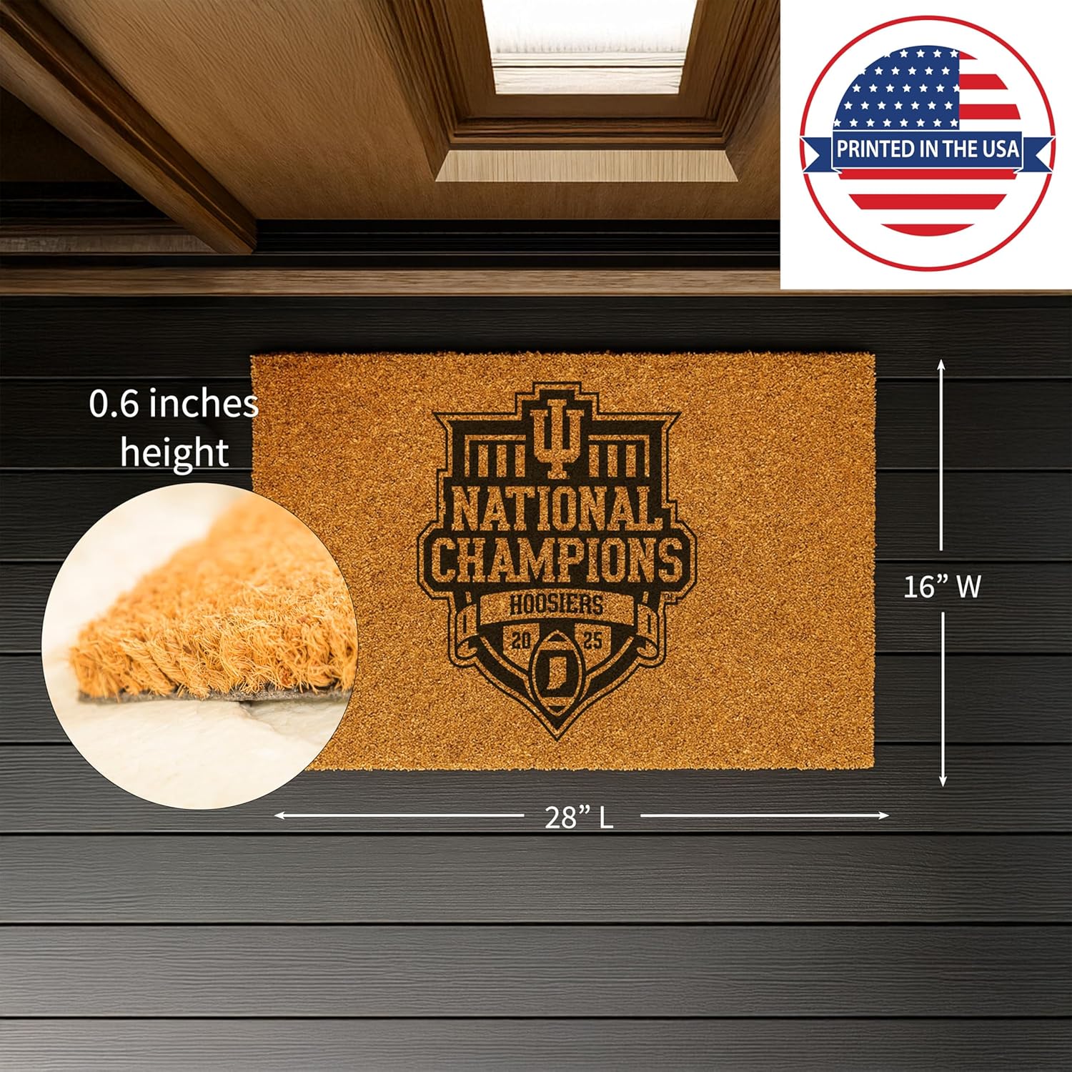 NCAA Indiana University Coir Doormat, CFP National Champions 2025-26, 28 x 16 Inches College Sports Coir Mat, Non Slip Back Front Door Welcome Floor Mat, Indoor Outdoor Entrance Rug