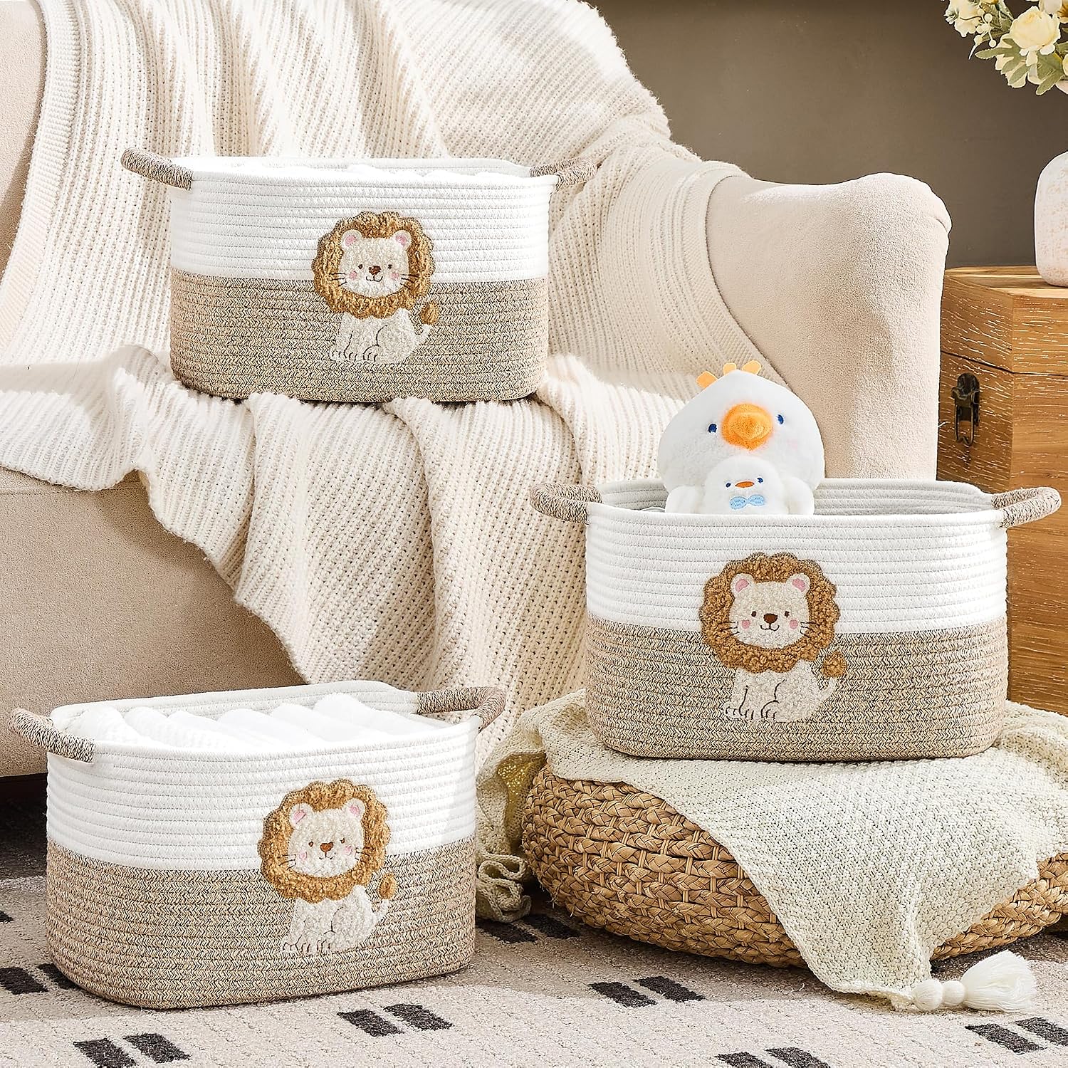 Woven Baskets, 3-Pack Storage Basket for Living Room, Bedroom, Nursery, Stylish Gift Basket with Handles, Cotton Rope Basket for Toys and Shelves, Multi-Purpose Organizer, Lion