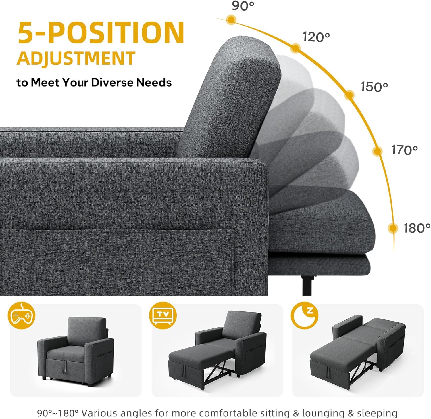 Image showing the DWVO Convertible Sleeper Chair in its three functional states: loveseat, chaise lounge, and sleeper bed.
