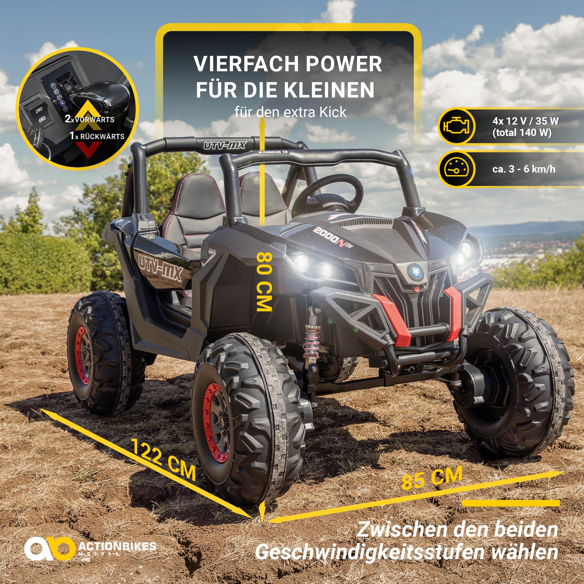 Actionbikes Motors Kinder Elektroauto UTV Buggy | Fernbedienung mit First Funktion - 4x4 Allrad Antrieb - Kinderauto elektrisch - Elektrofahrzeuge - Elektro Auto für Kinder ab 3 Jahre (Schwarz/Weiß)